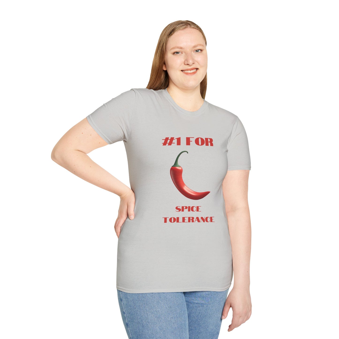 a woman wearing a ice grey shirt that says #1 for spice tolerance with a graphic of a red chili