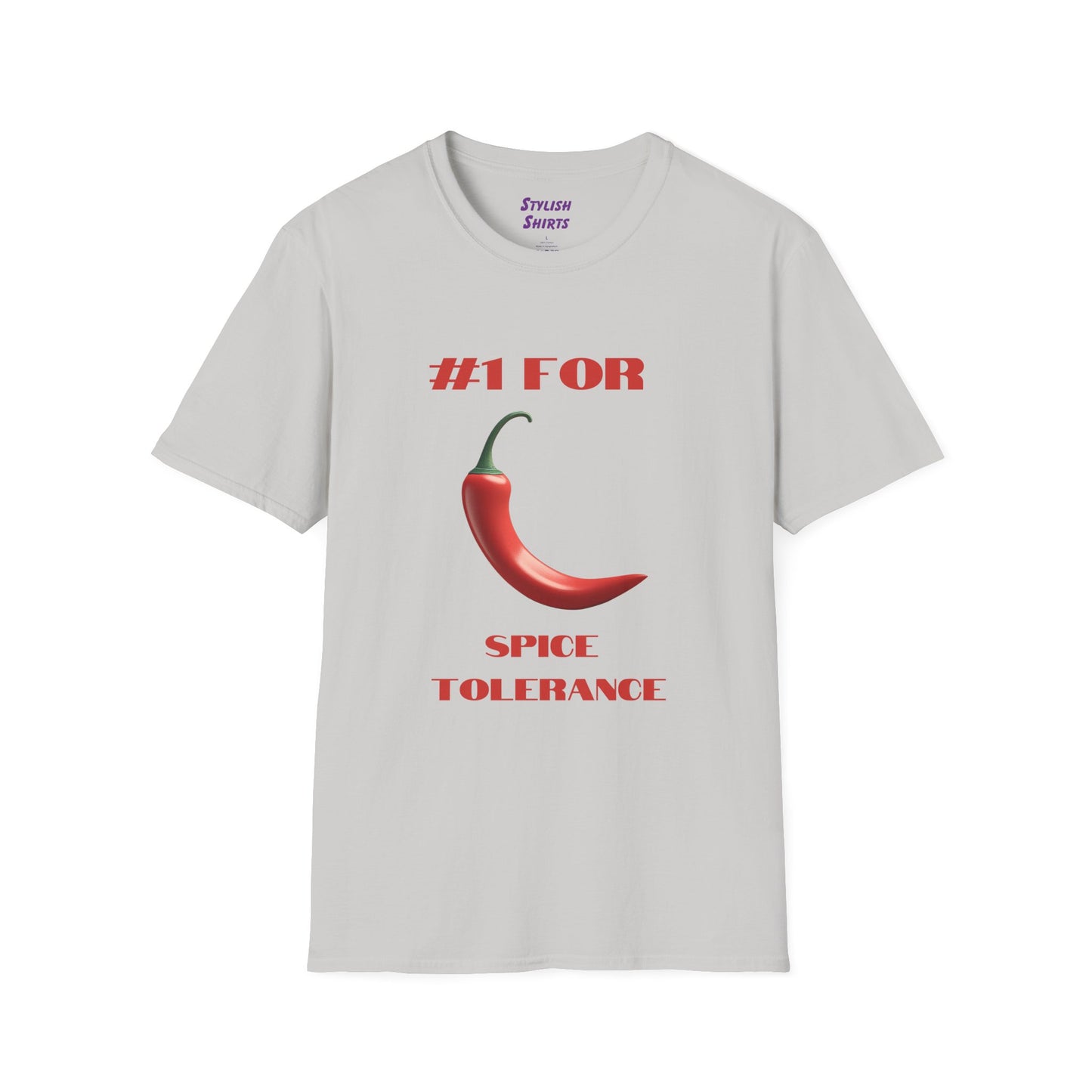 a ice grey shirt that says #1 for spice tolerance with a graphic of a red chili