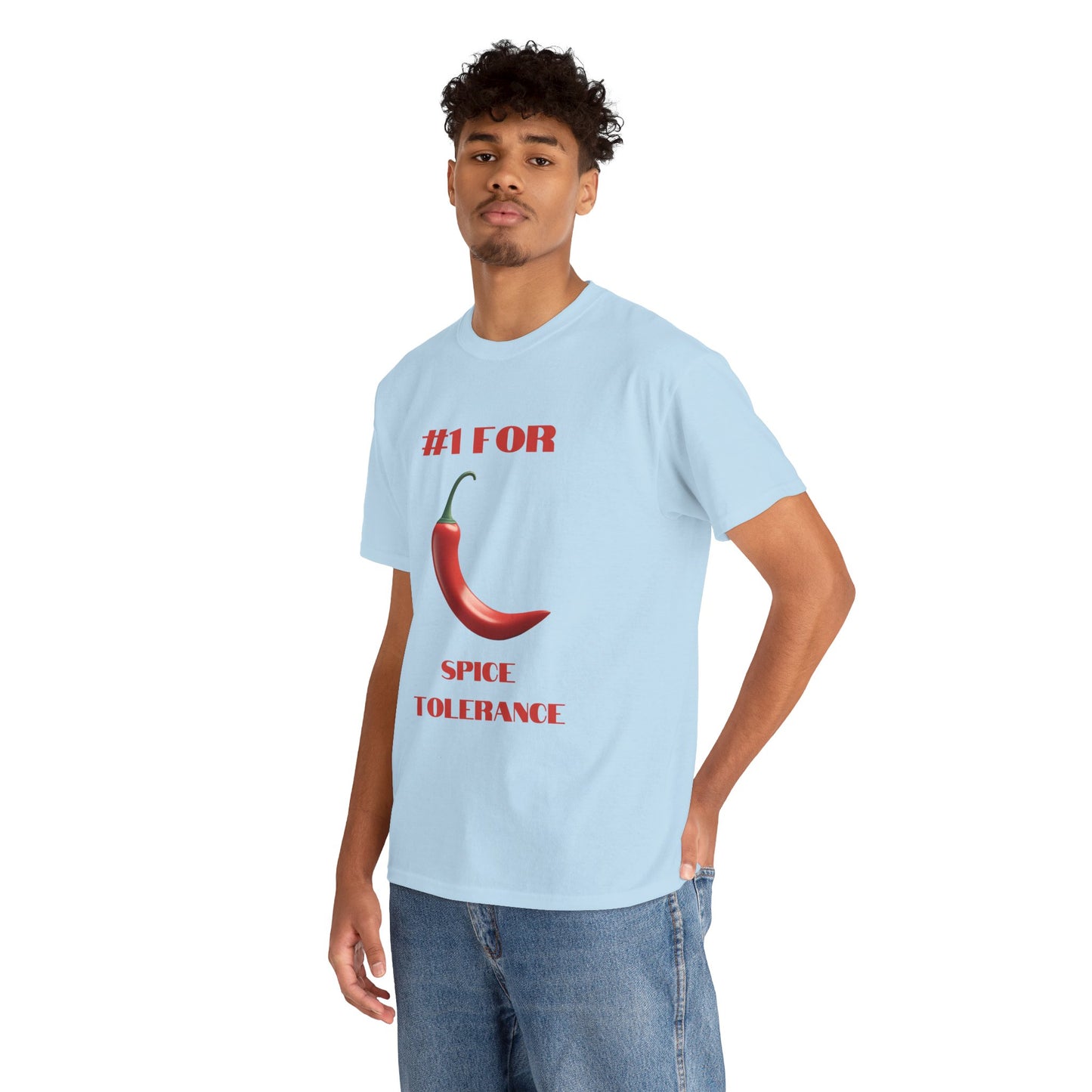 a man wearing a light blue shirt that says #1 for spice tolerance with a graphic of a red chili