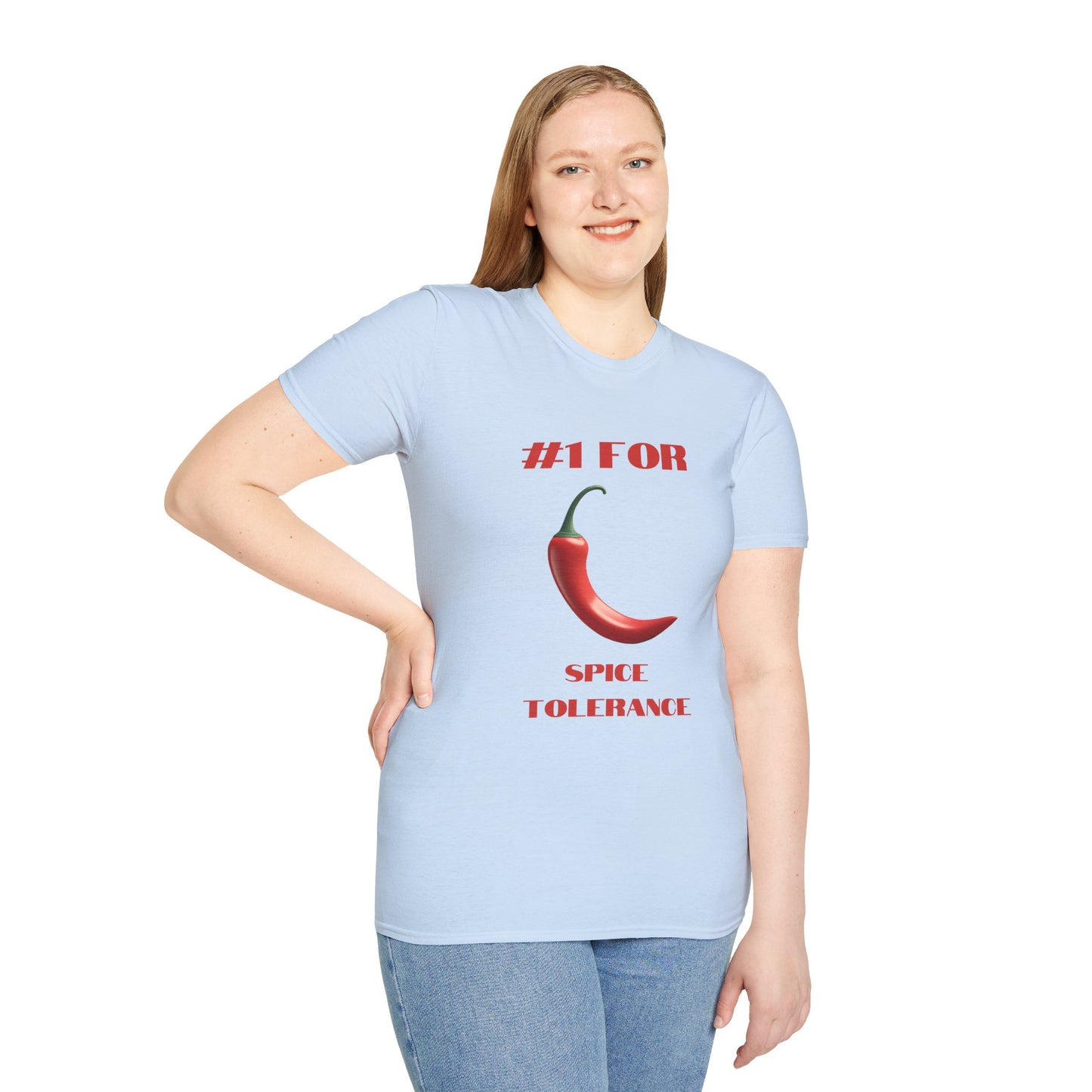 a woman wearing a light blue shirt that says #1 for spice tolerance with a graphic of a red chili