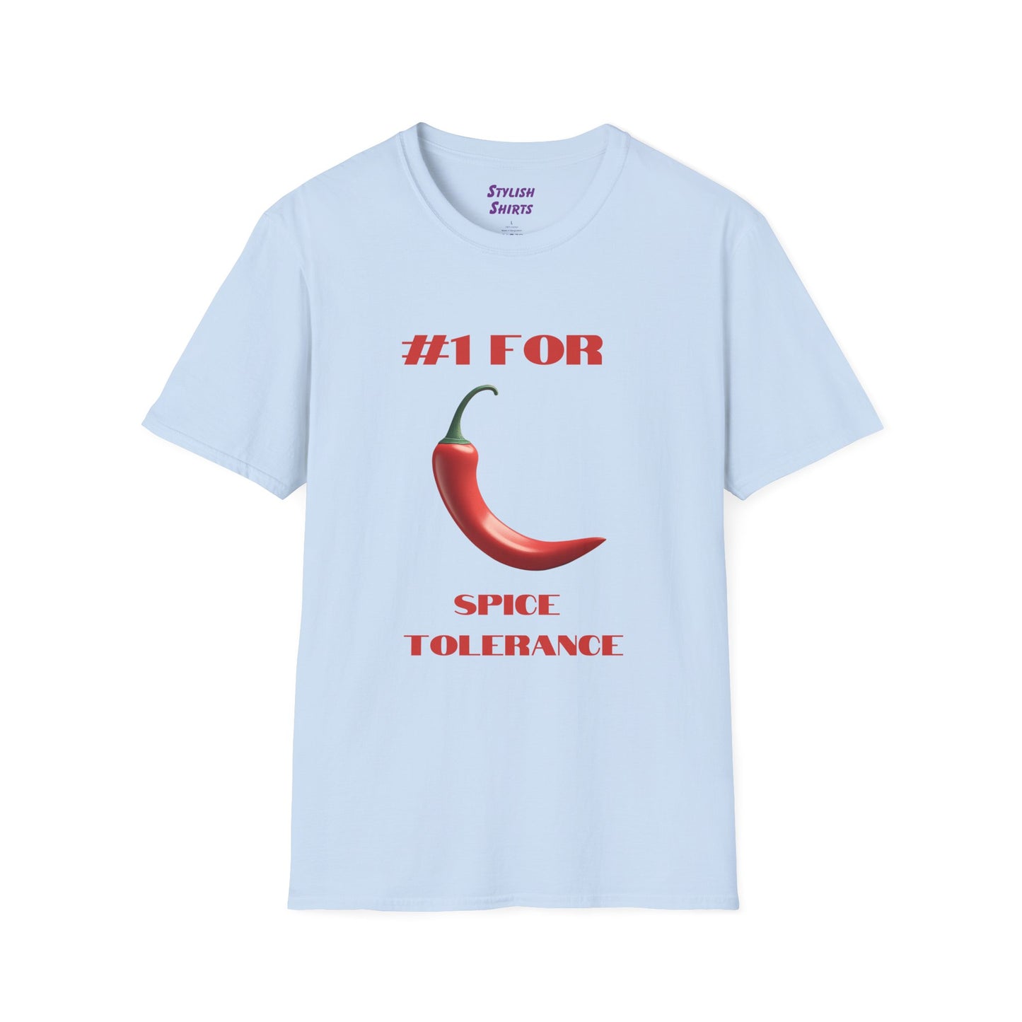 a light blue shirt that says #1 for spice tolerance with a graphic of a red chili