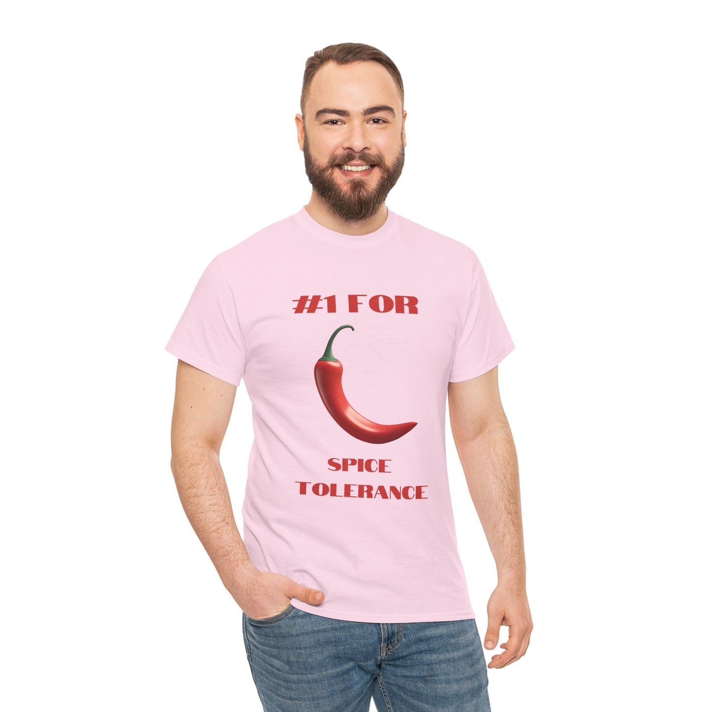 a man wearing a light pink shirt that says #1 for spice tolerance with a graphic of a red chili