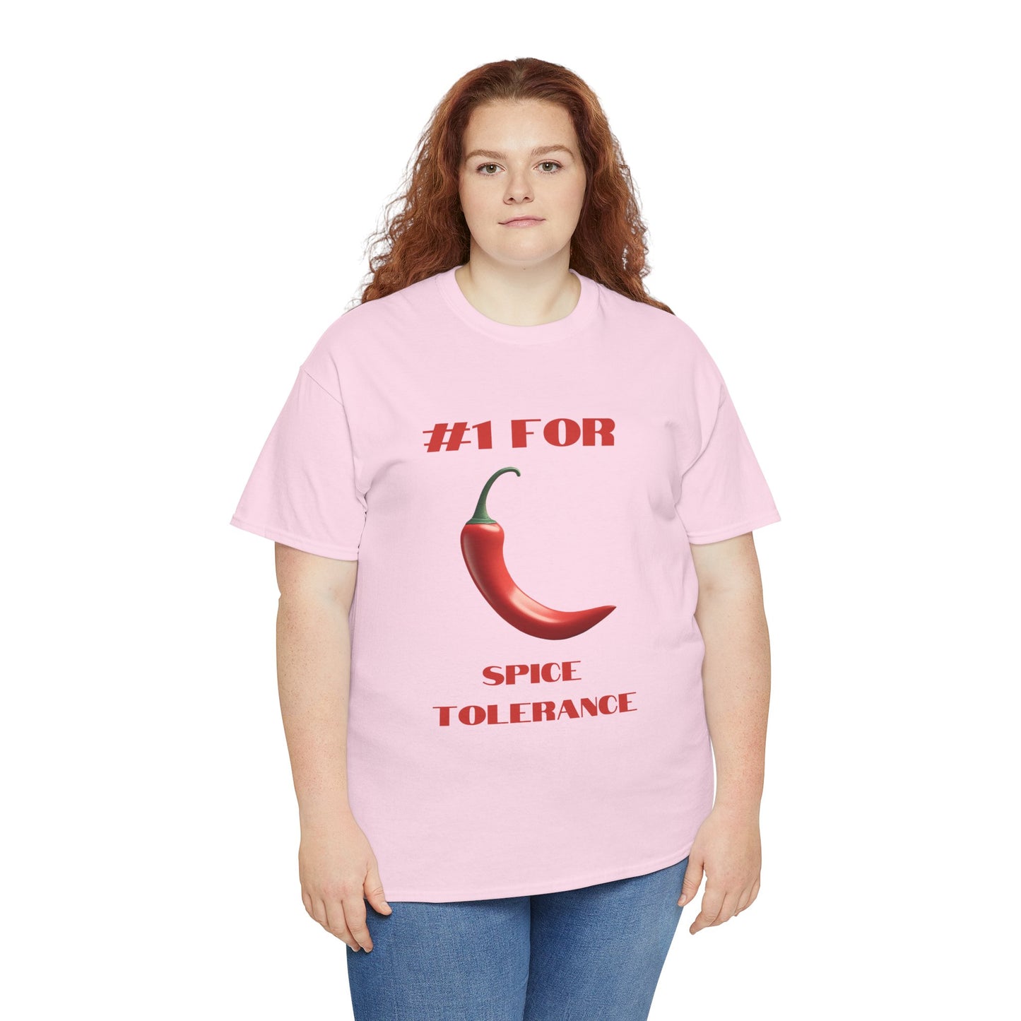 a woman wearing a light pink shirt that says #1 for spice tolerance with a graphic of a red chili