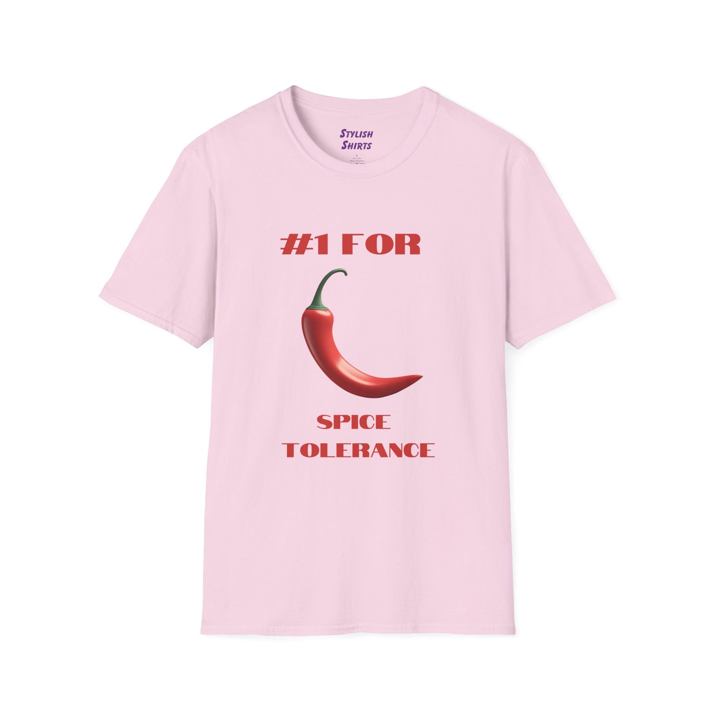 a light pink shirt that says #1 for spice tolerance with a graphic of a red chili