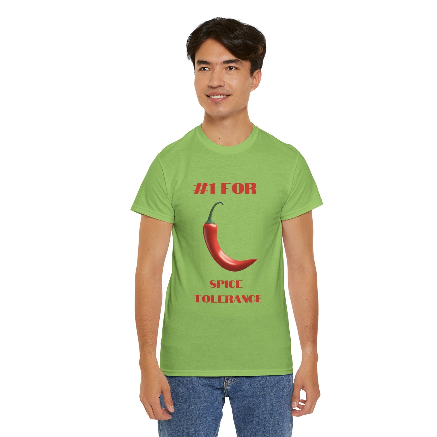 a man wearing a lime green shirt that says #1 for spice tolerance with a graphic of a red chili