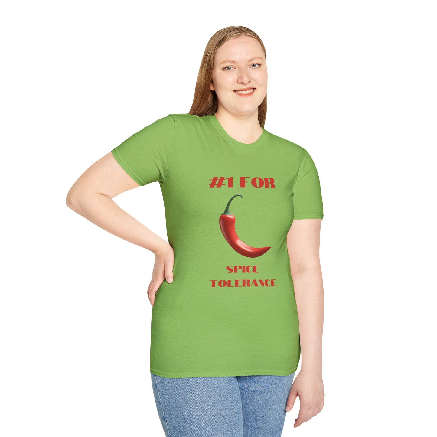 a woman wearing a lime green shirt that says #1 for spice tolerance with a graphic of a red chili