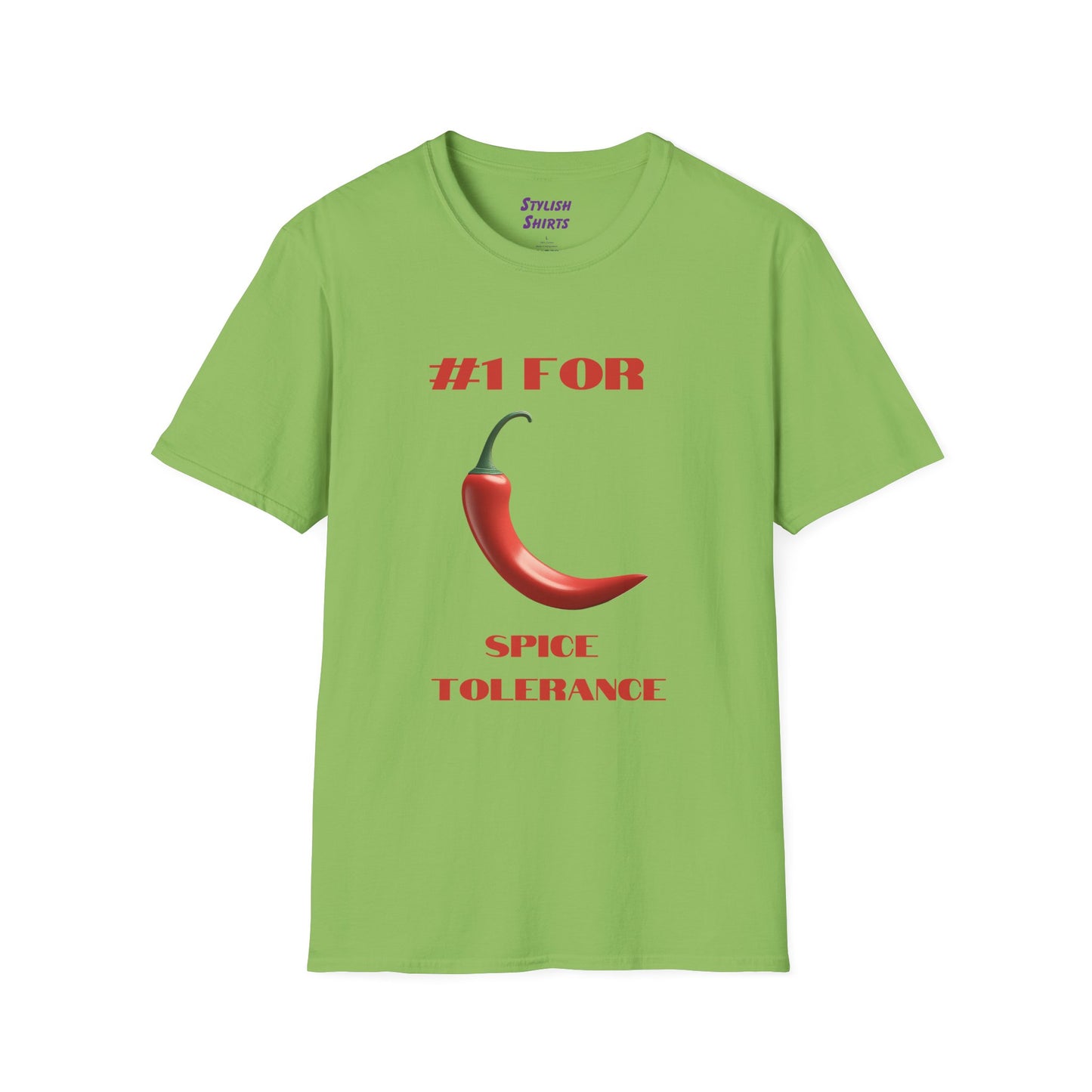 a lime green shirt that says #1 for spice tolerance with a graphic of a red chili