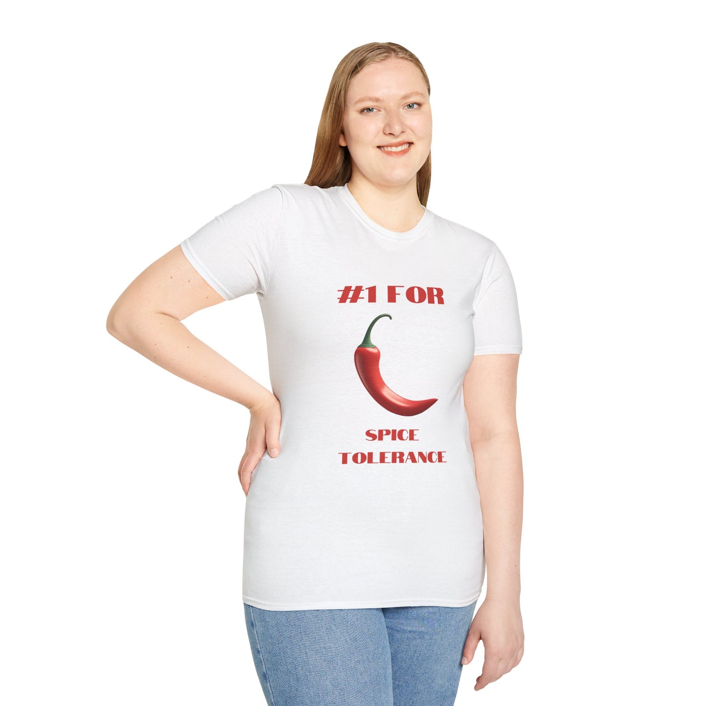 a woman wearing a white shirt that says #1 for spice tolerance with a graphic of a red chili