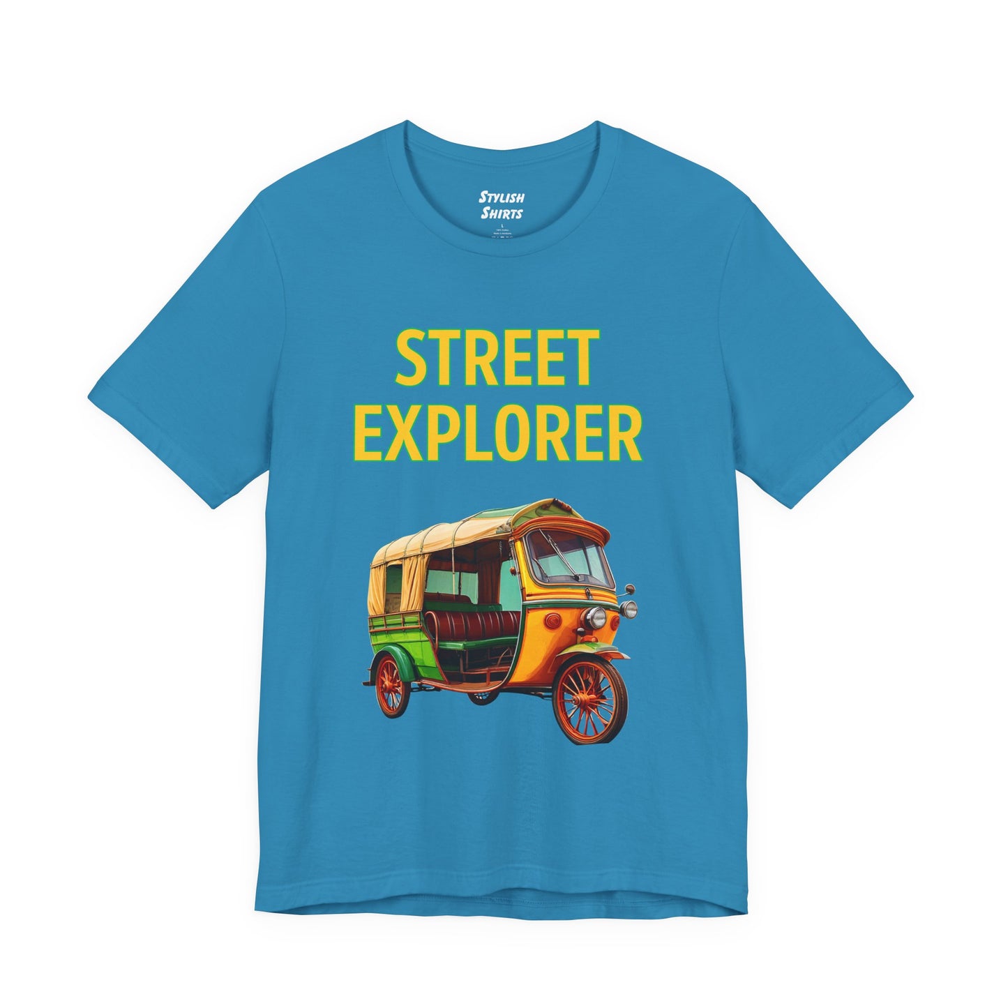 a aqua blue shirt that says street explorer with a graphic of an auto rickshaw