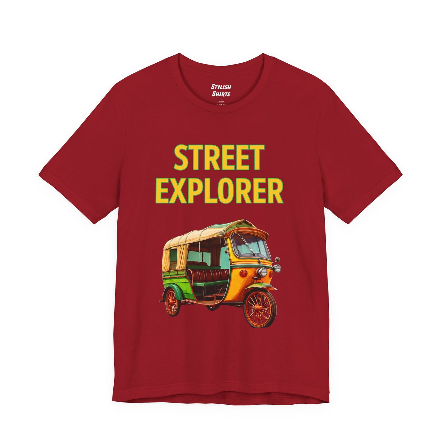 a canvas red shirt that says street explorer with a graphic of an auto rickshaw