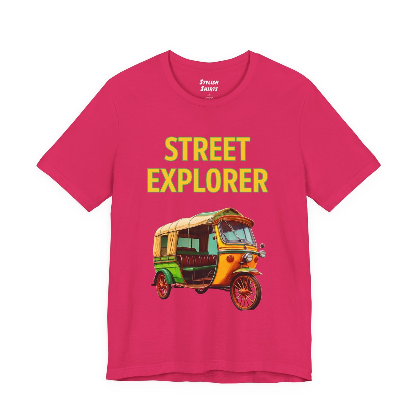 a fuchsia pink shirt that says street explorer with a graphic of an auto rickshaw