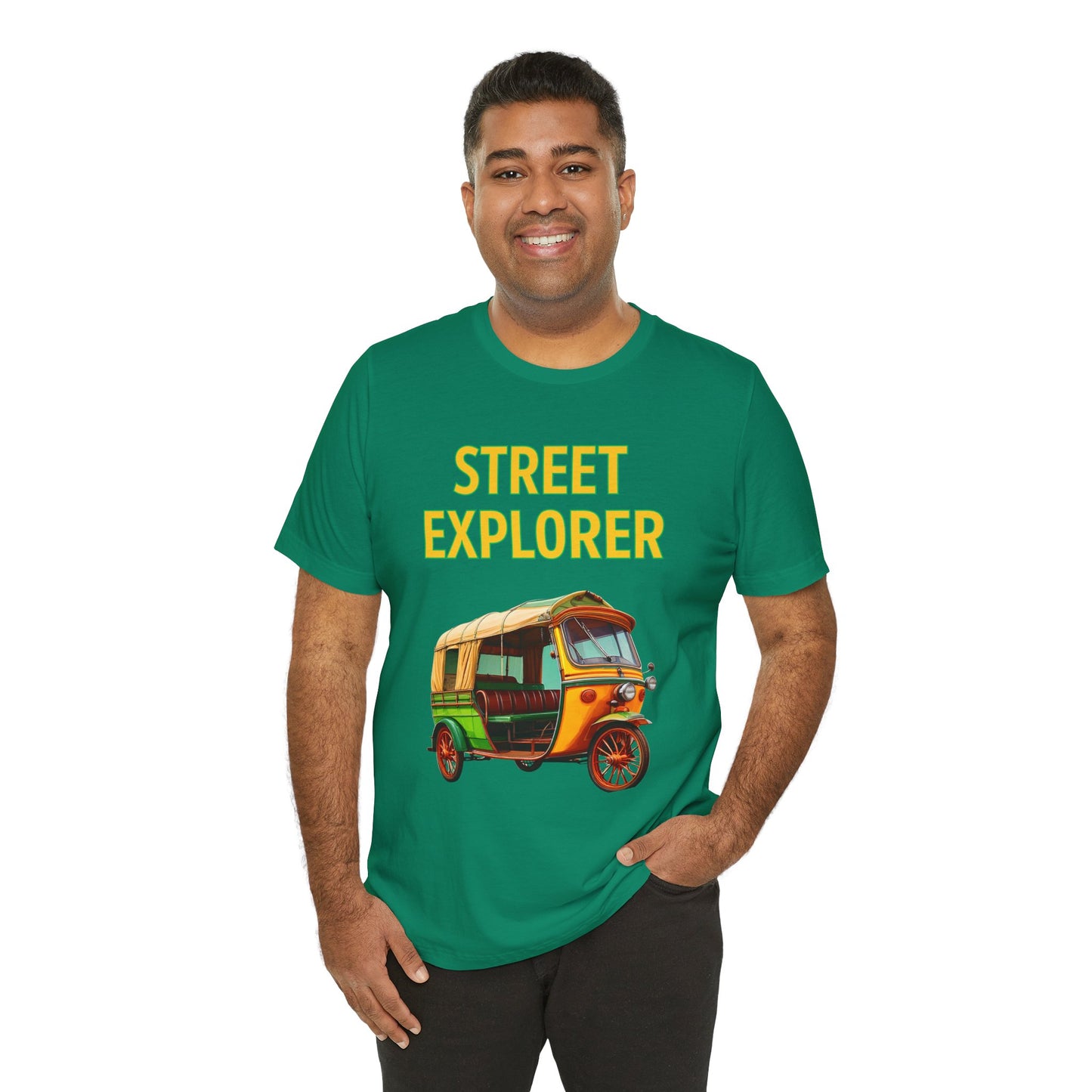 a man wearing a kelly green shirt that says street explorer with a graphic of an auto rickshaw