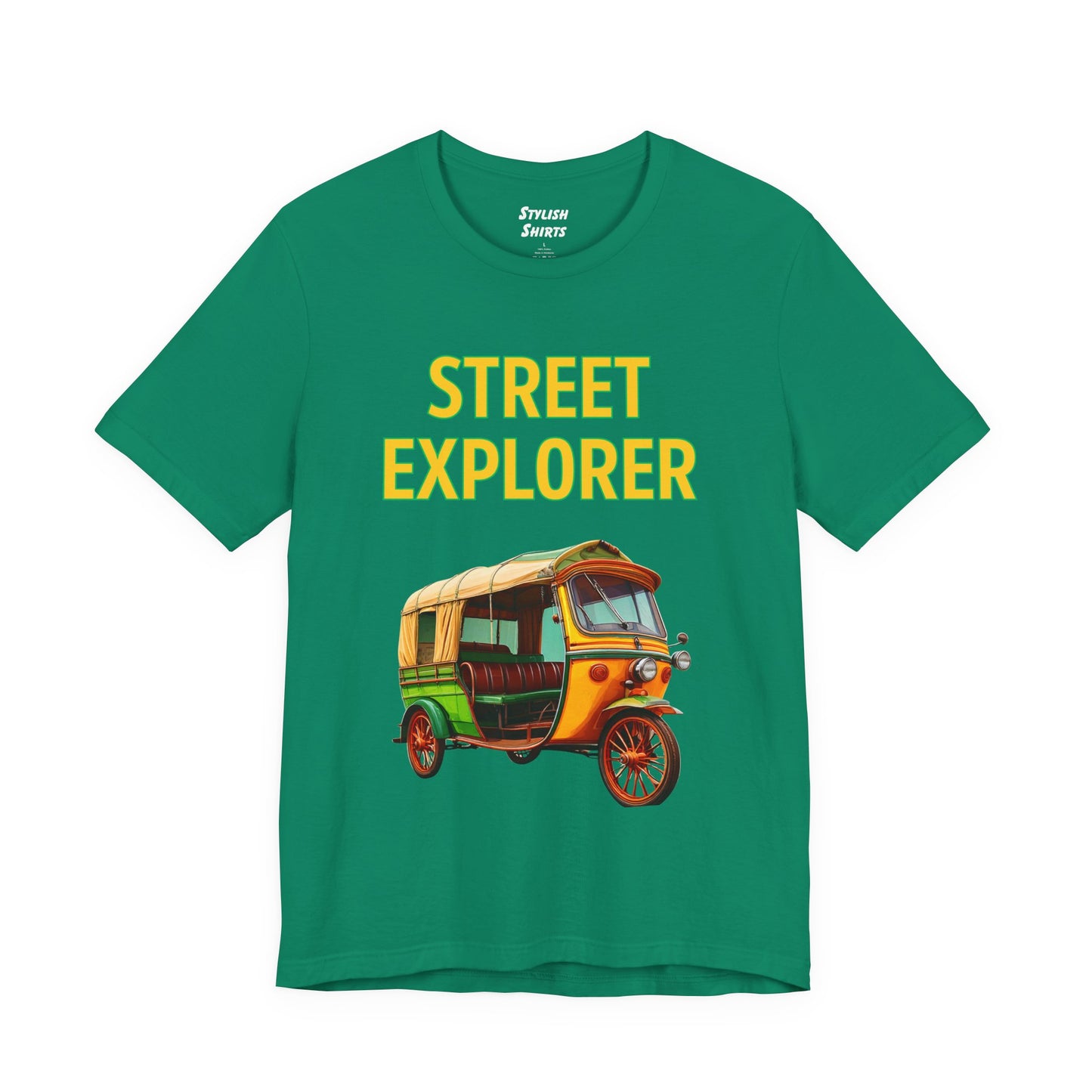 a kelly green shirt that says street explorer with a graphic of an auto rickshaw