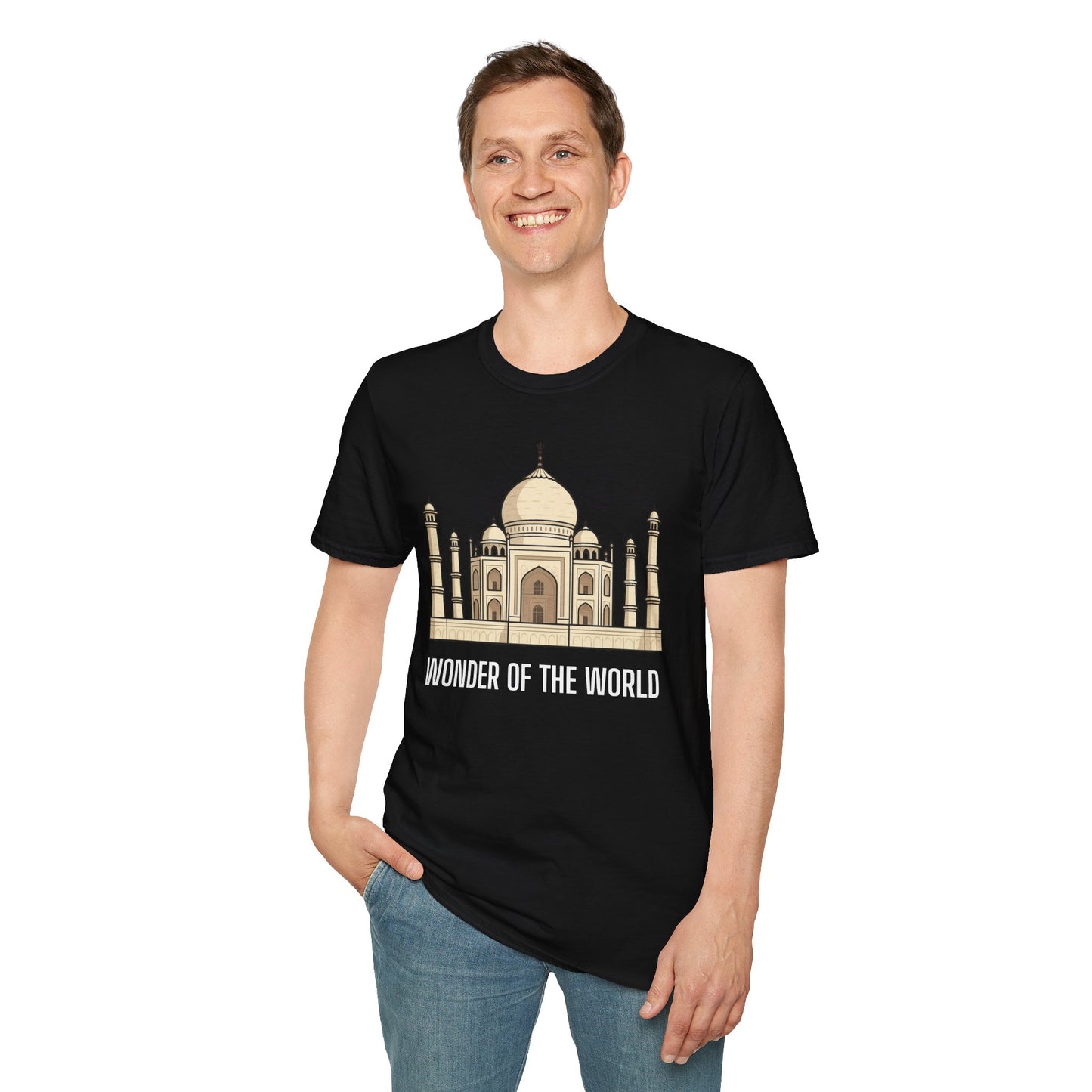 a man wearing a black shirt that says wonder of the world with a graphic of the taj mahal