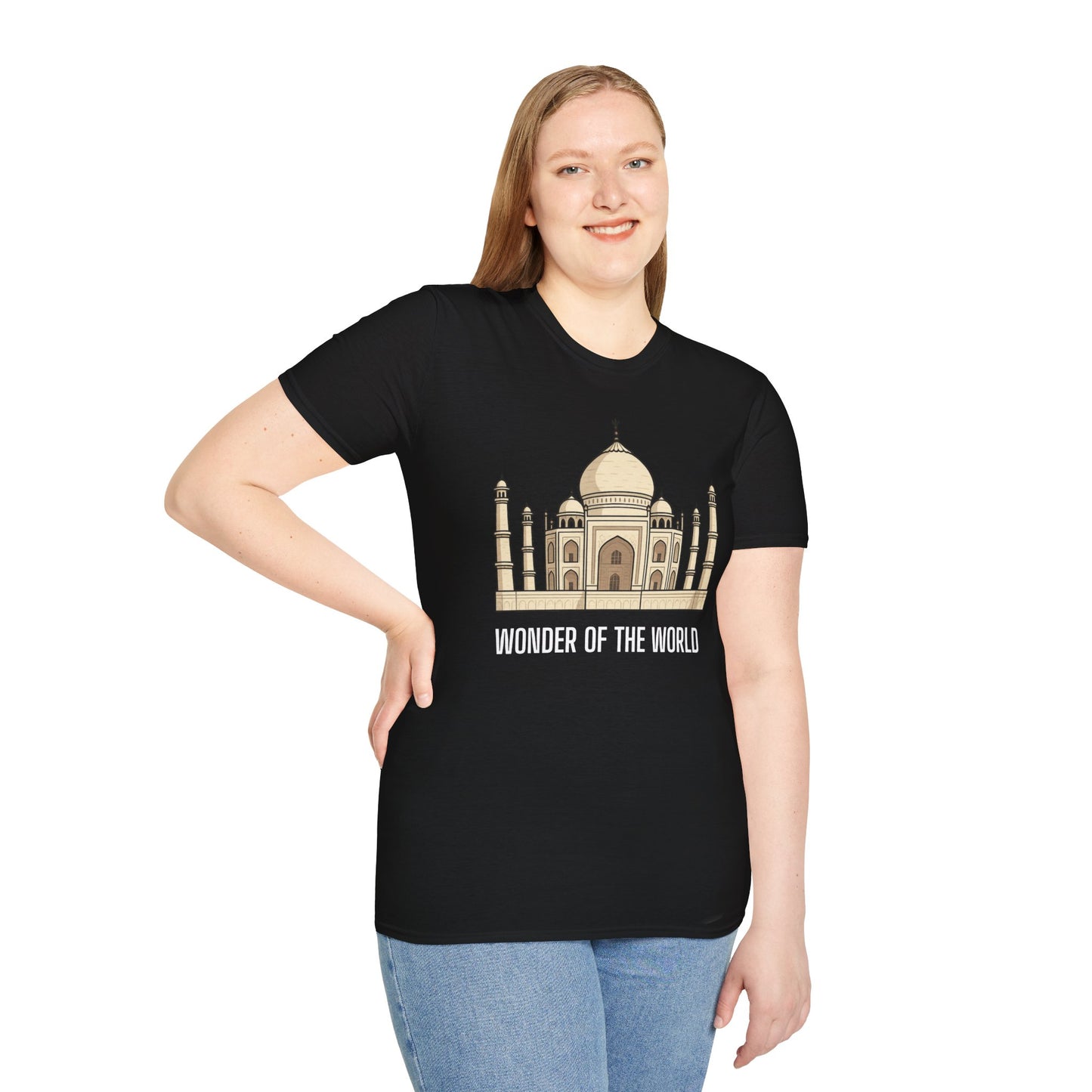 a woman wearing a black shirt that says wonder of the world with a graphic of the taj mahal