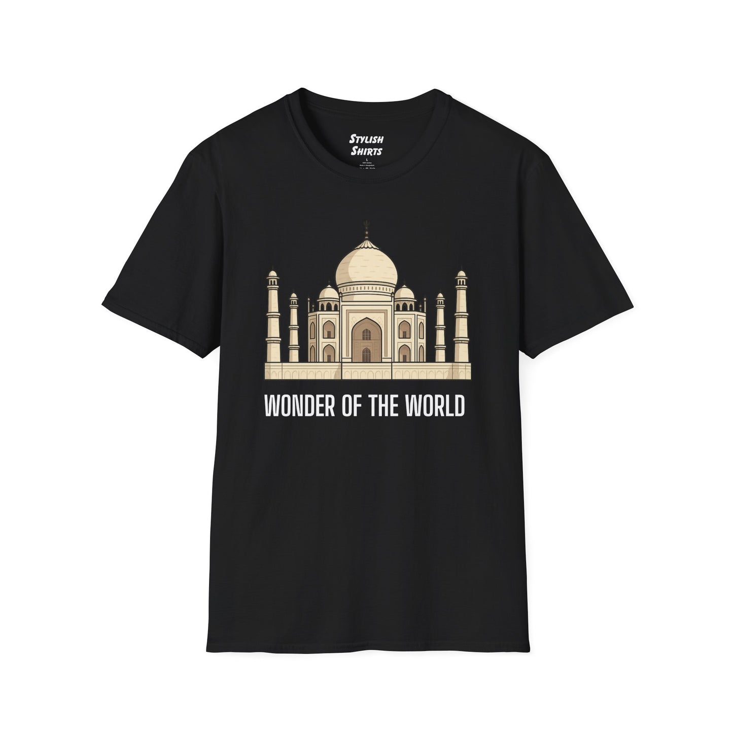 a black shirt that says wonder of the world with a graphic of the taj mahal
