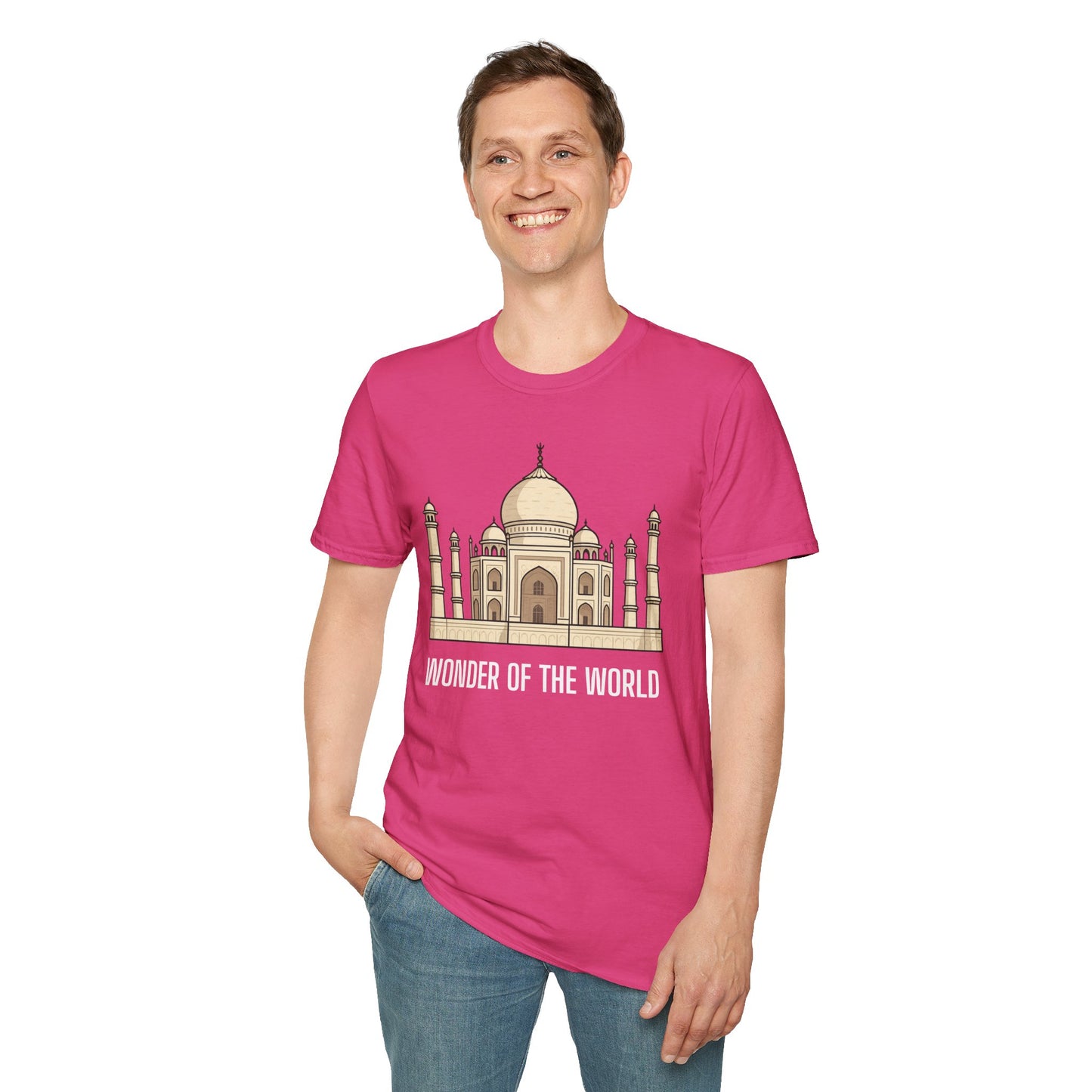 a man wearing a heliconia pink shirt that says wonder of the world with a graphic of the taj mahal