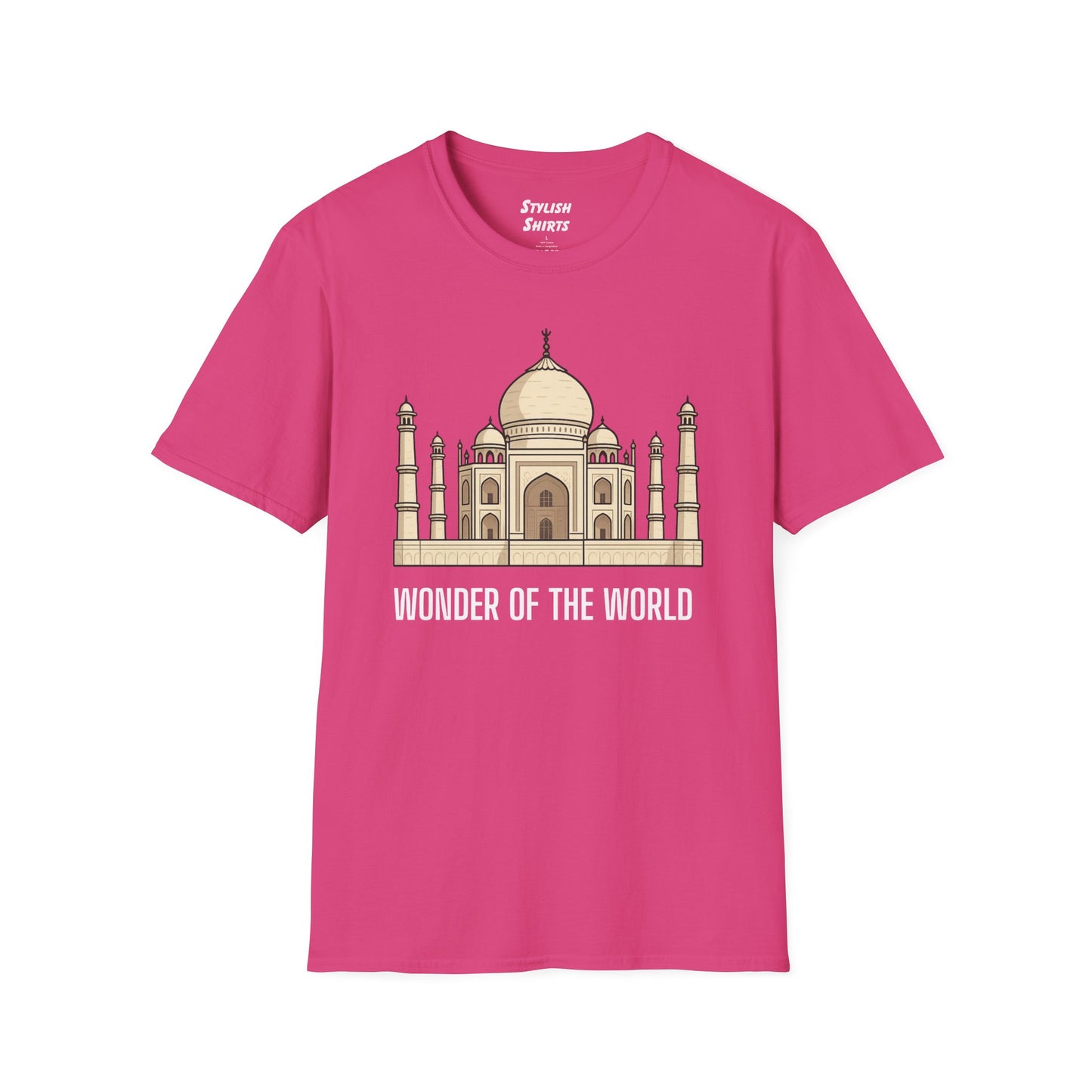 a heliconia pink shirt that says wonder of the world with a graphic of the taj mahal
