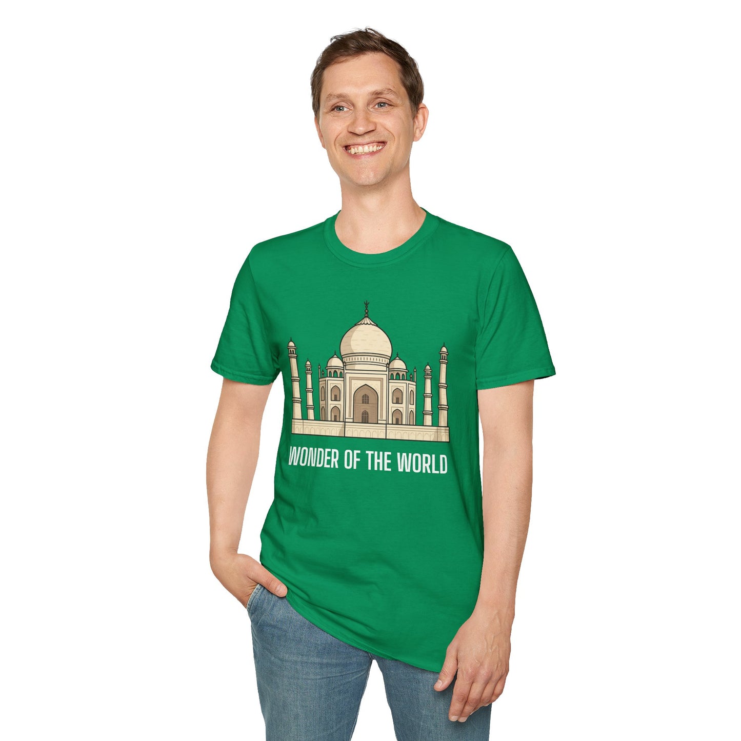 a man wearing a kelly green shirt that says wonder of the world with a graphic of the taj mahal