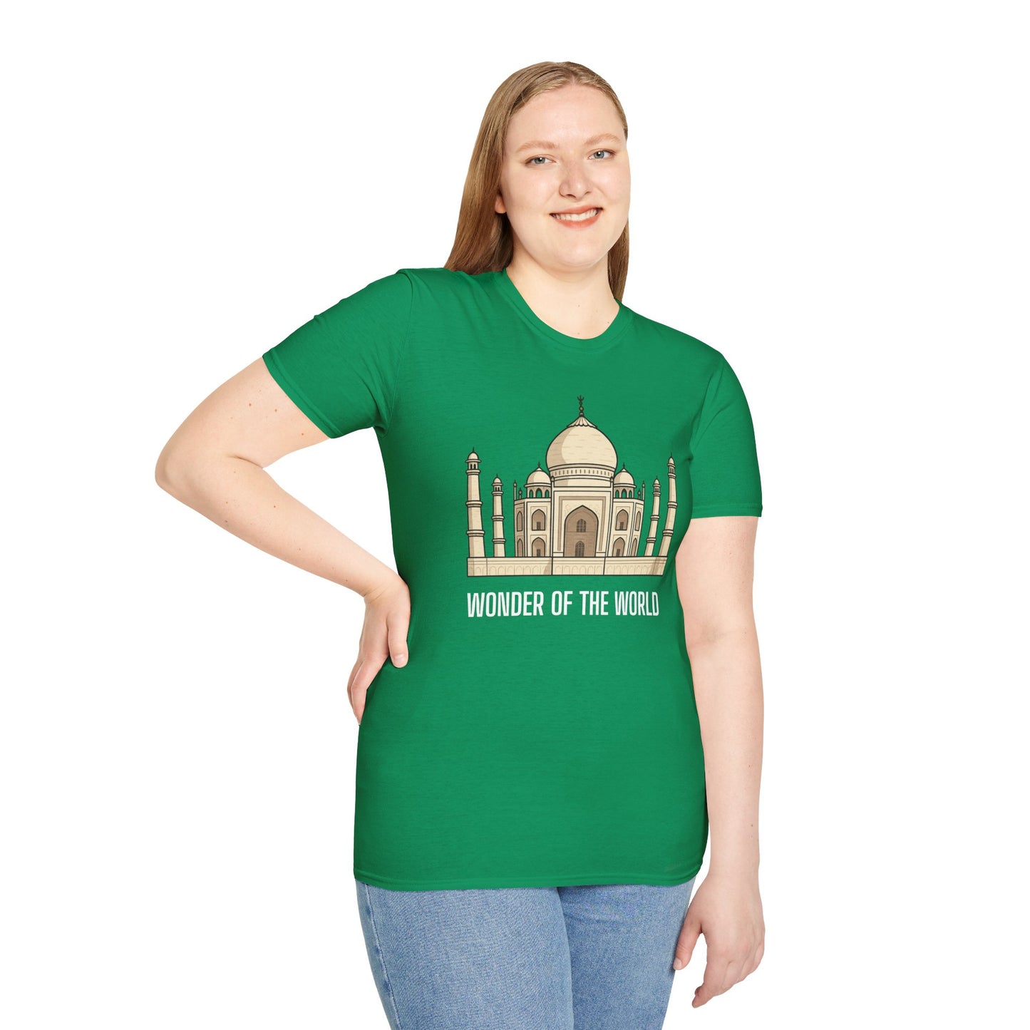 a woman wearing a kelly green shirt that says wonder of the world with a graphic of the taj mahal