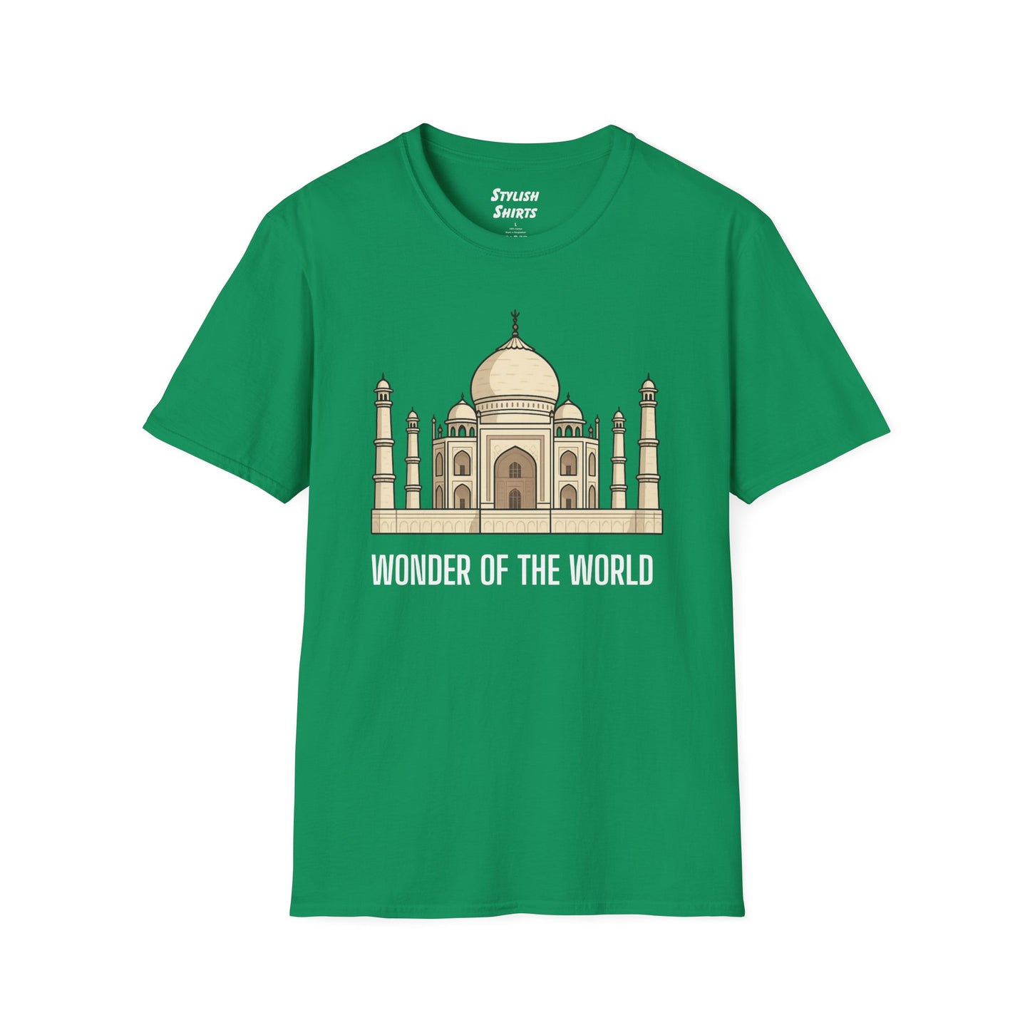 a kelly green shirt that says wonder of the world with a graphic of the taj mahal
