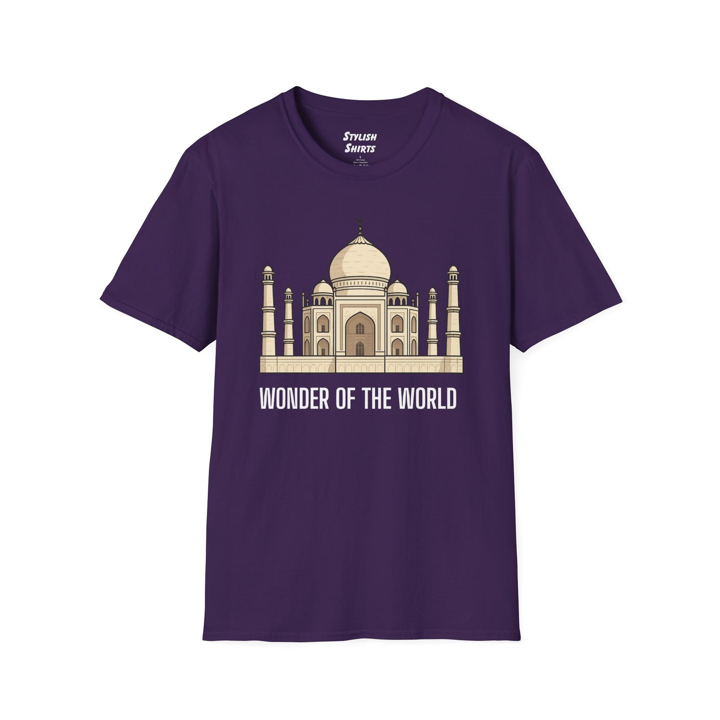 a purple shirt that says wonder of the world with a graphic of the taj mahal