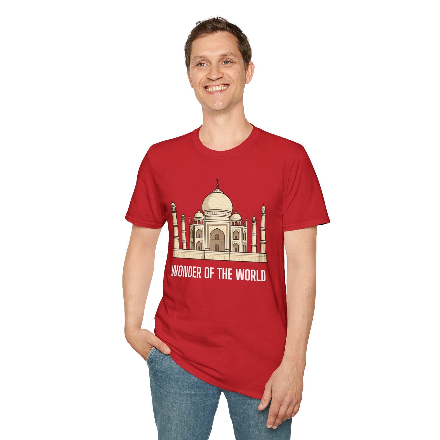 a man wearing a white shirt that says wonder of the world with a graphic of the taj mahal