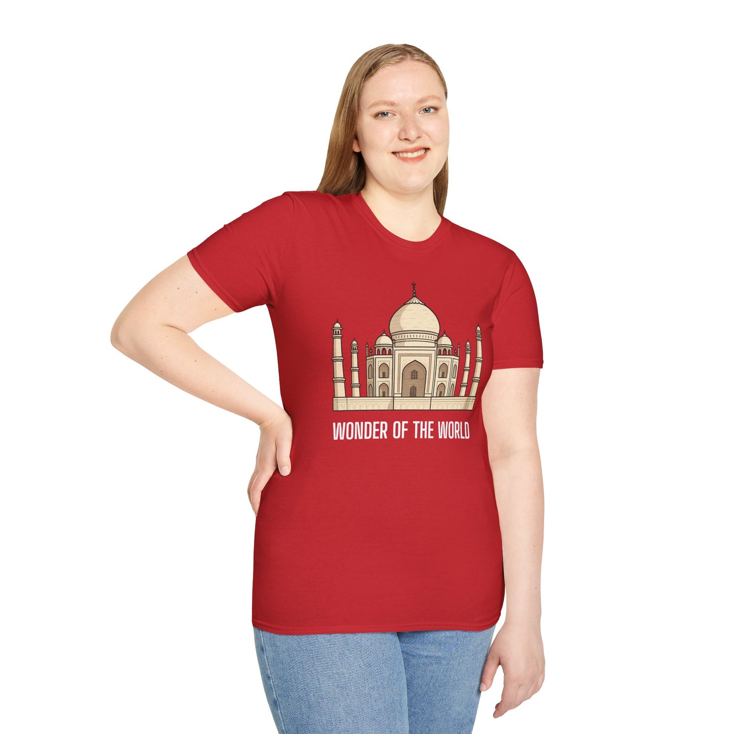 a woman wearing a red shirt that says wonder of the world with a graphic of the taj mahal