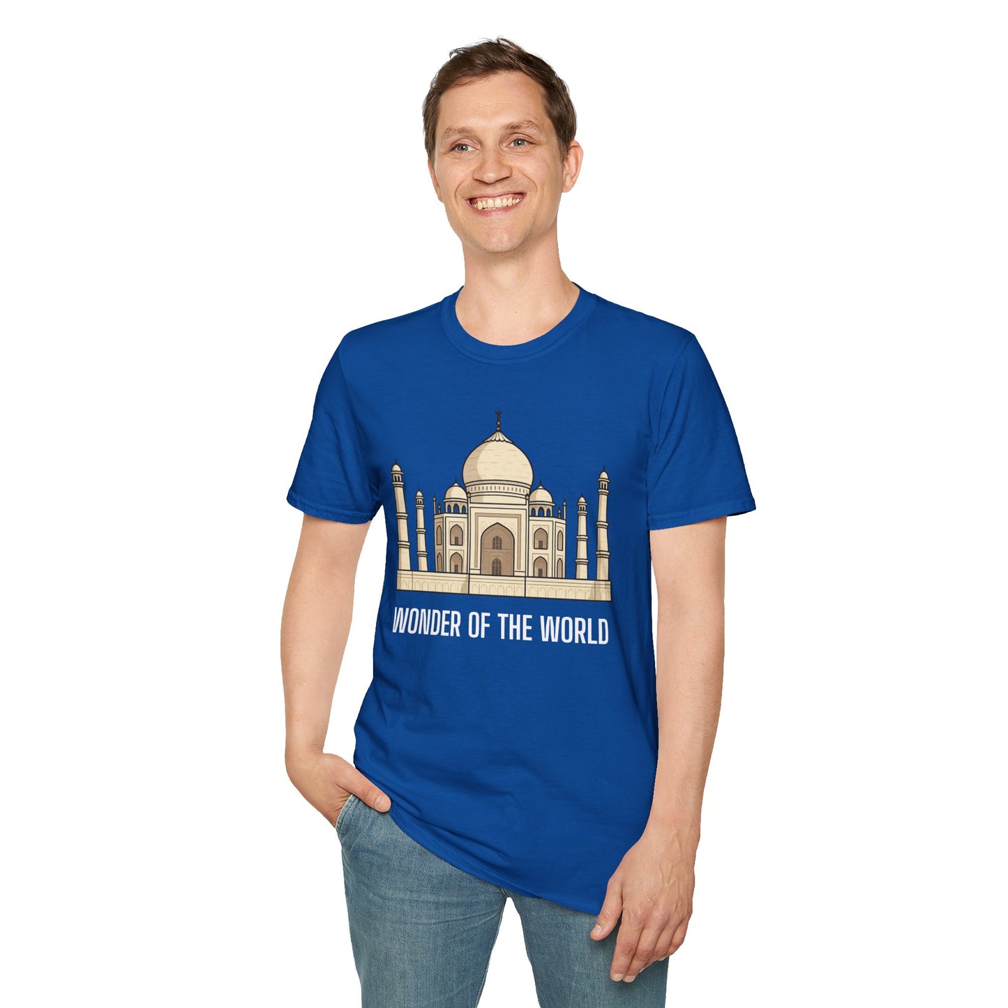 a man wearing a royal blue shirt that says wonder of the world with a graphic of the taj mahal