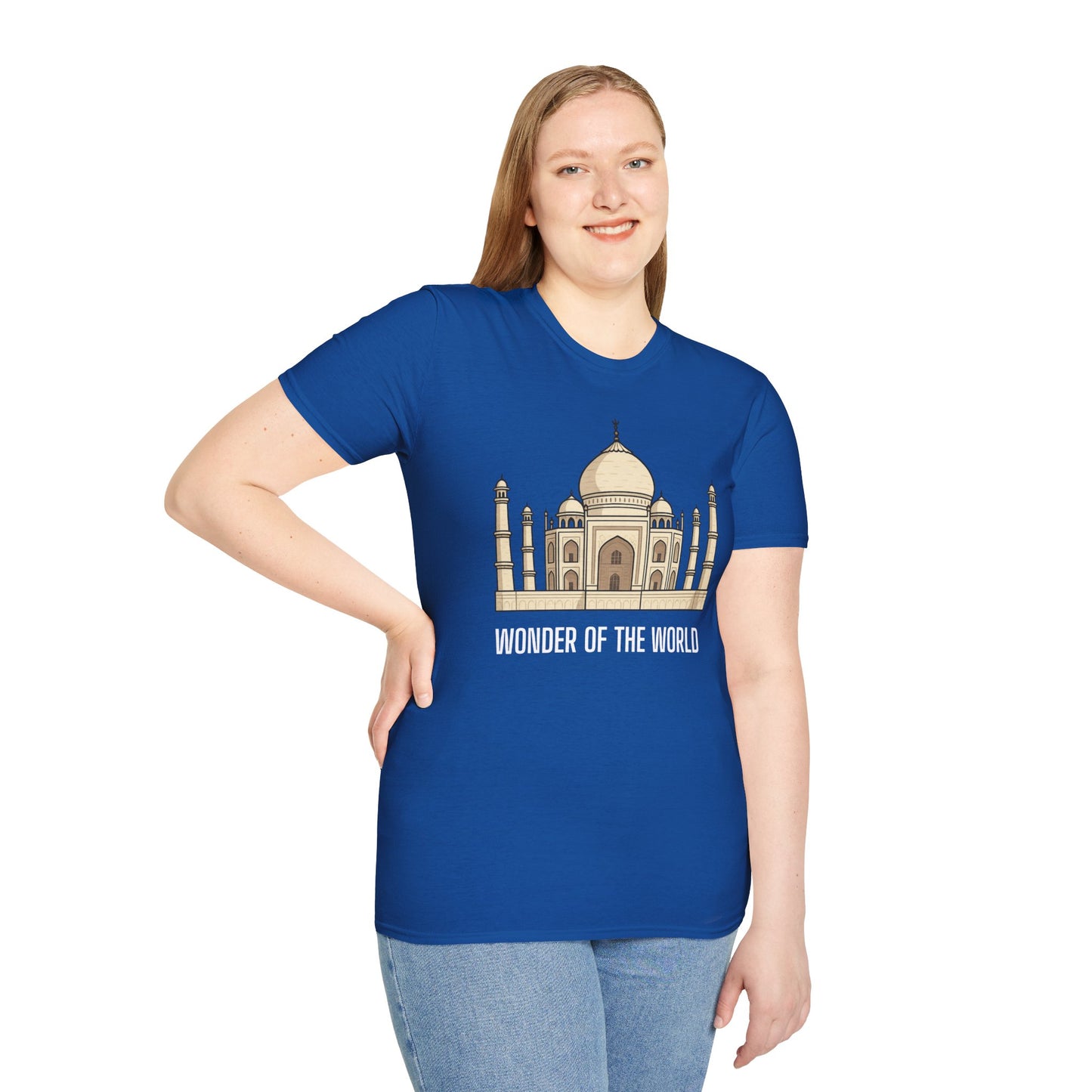a woman wearing a royal blue shirt that says wonder of the world with a graphic of the taj mahal