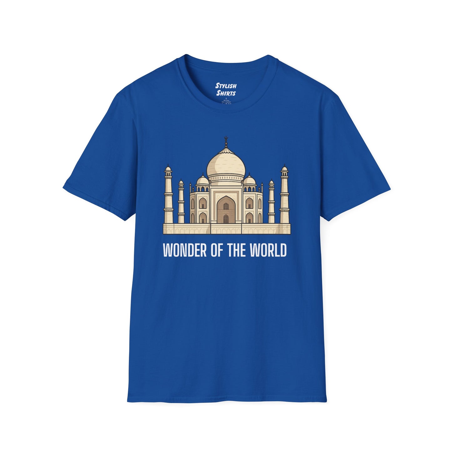 a royal blue shirt that says wonder of the world with a graphic of the taj mahal
