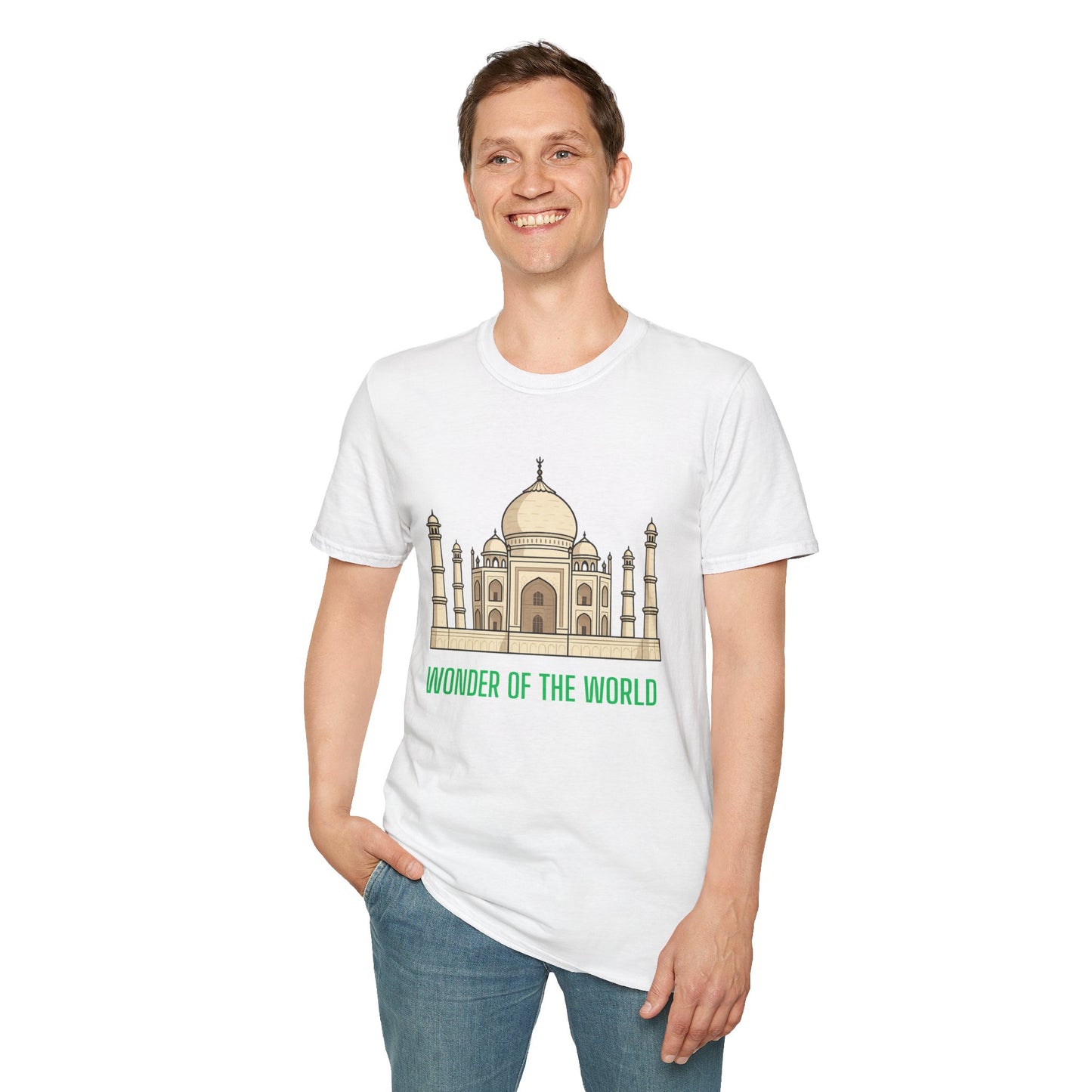 a man wearing a white shirt that says wonder of the world with a graphic of the taj mahal