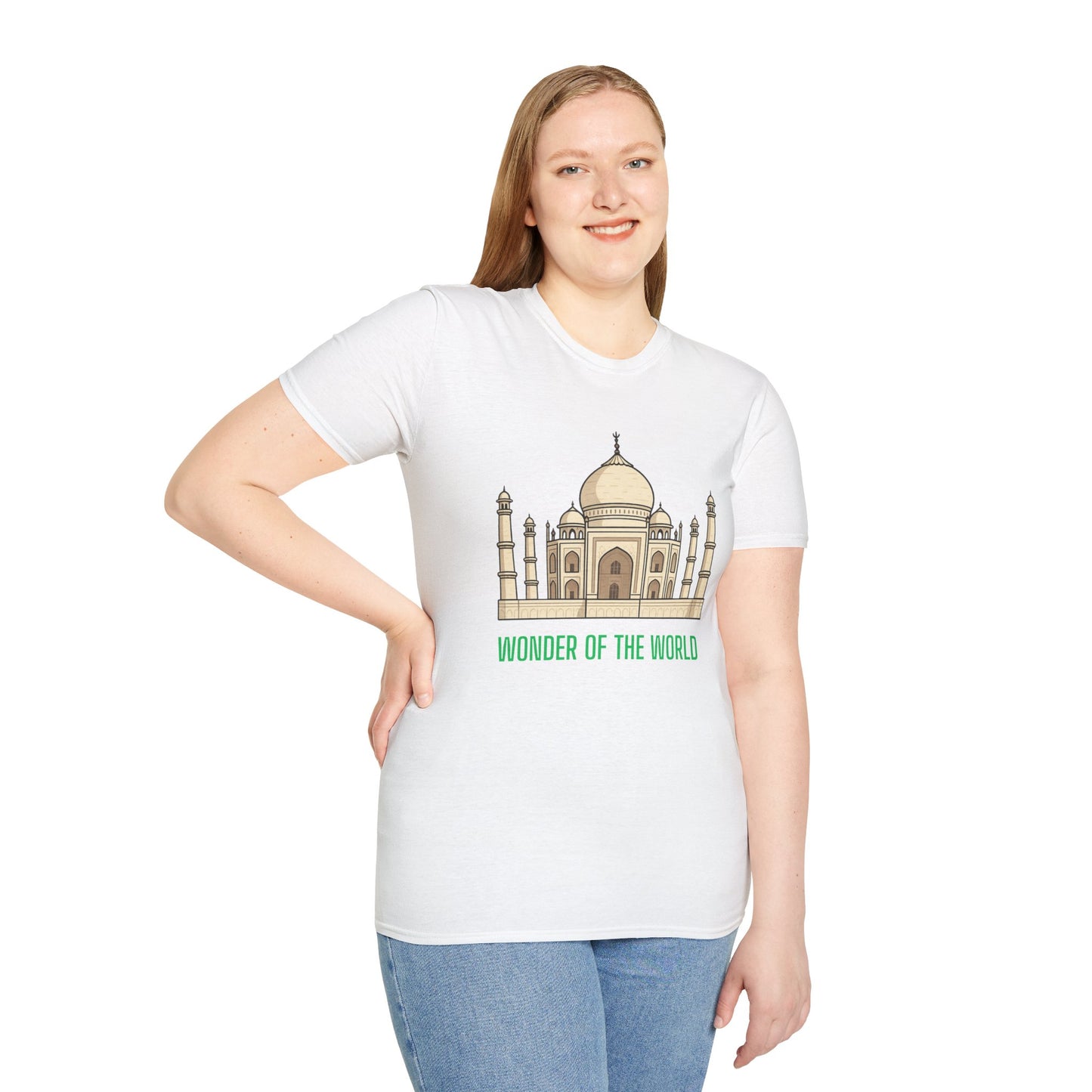 a woman wearing a white shirt that says wonder of the world with a graphic of the taj mahal