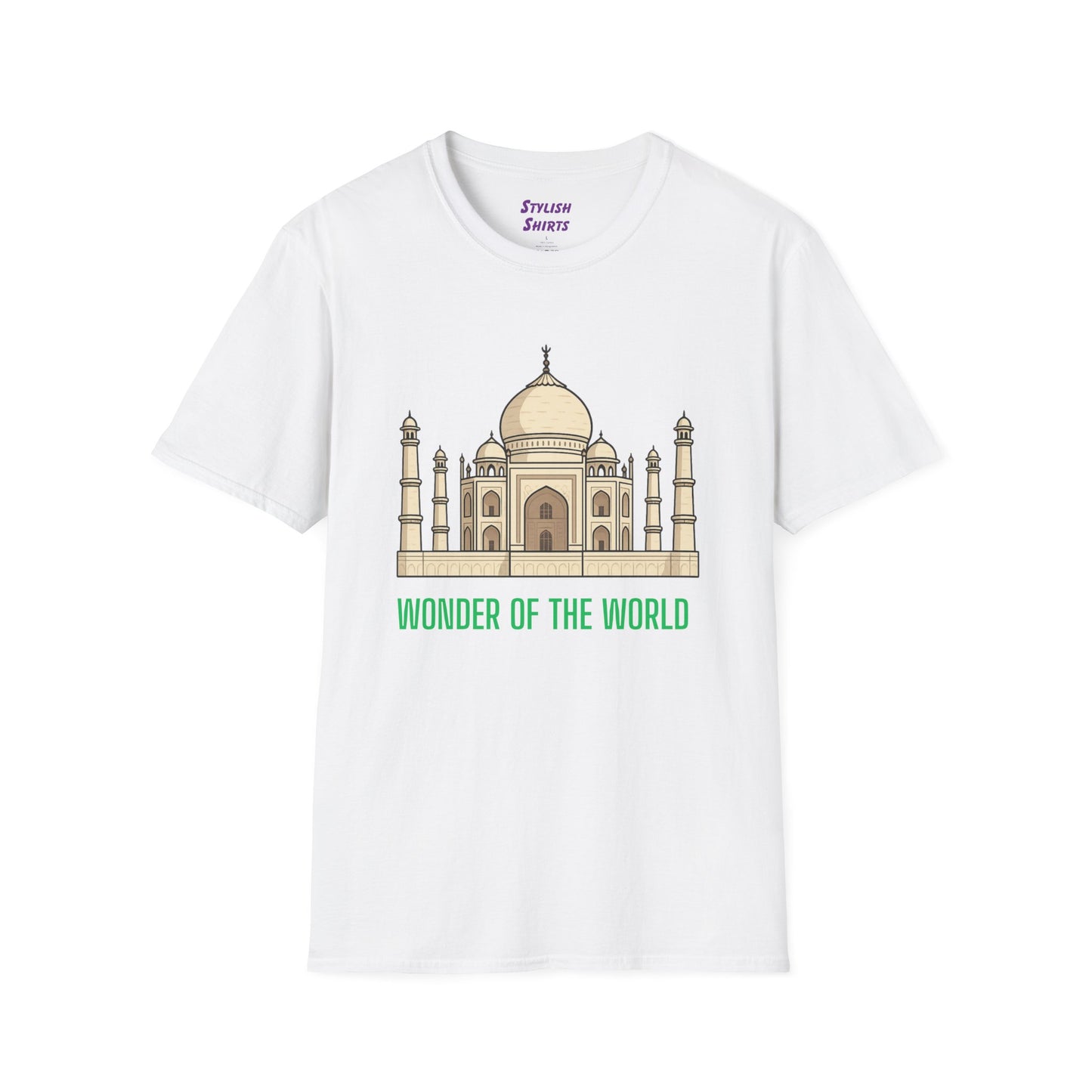 a white shirt that says wonder of the world with a graphic of the taj mahal