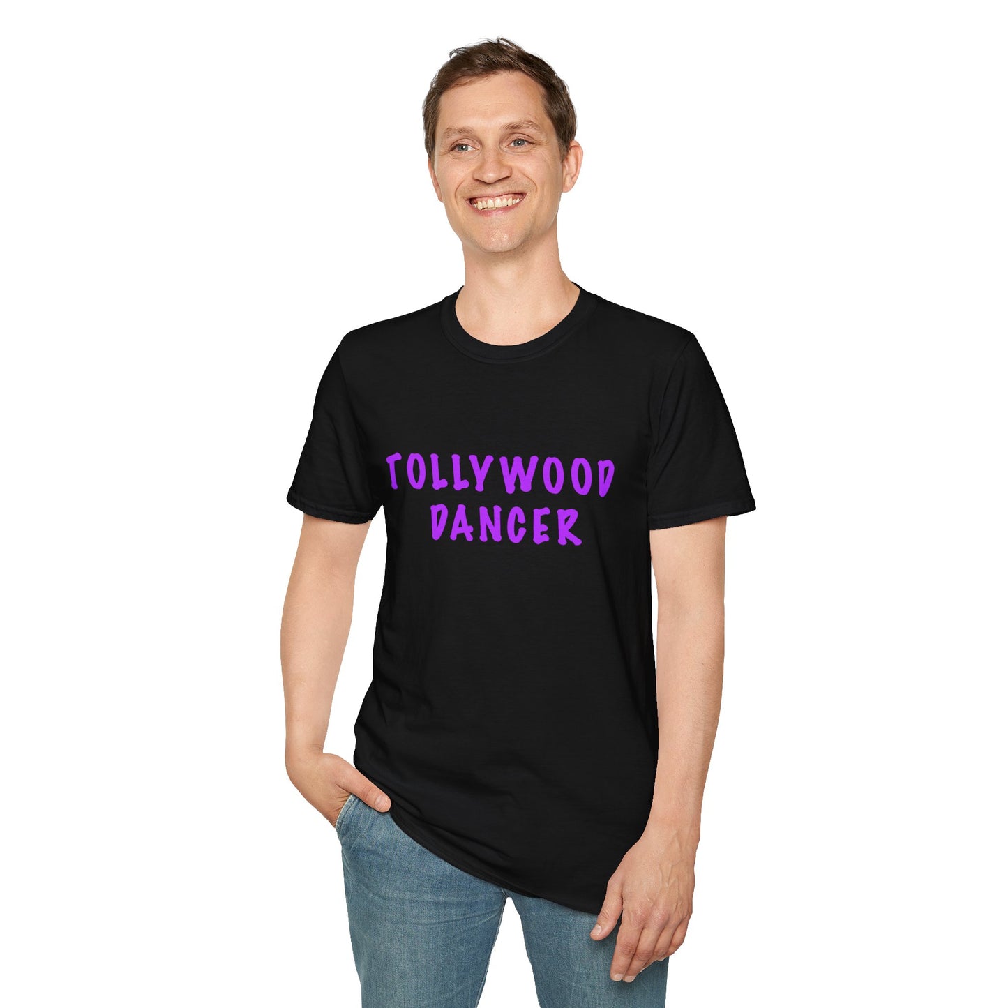 a man wearing a black shirt that says Tollywood dancer