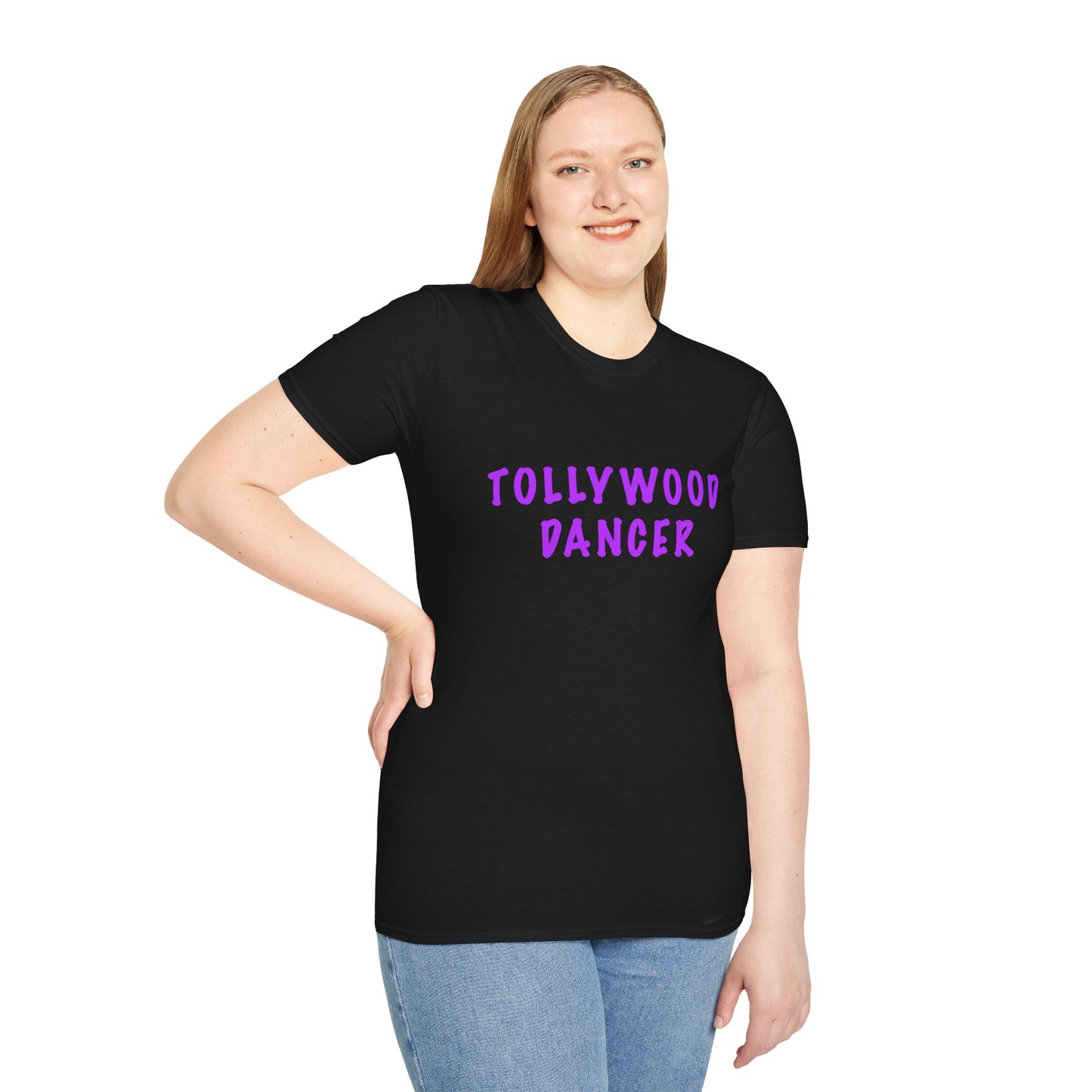 a woman wearing a black shirt that says Tollywood dancer
