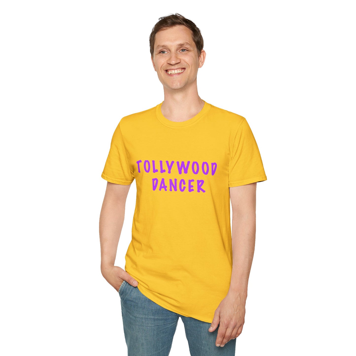 a man wearing a daisy shirt that says Tollywood dancer