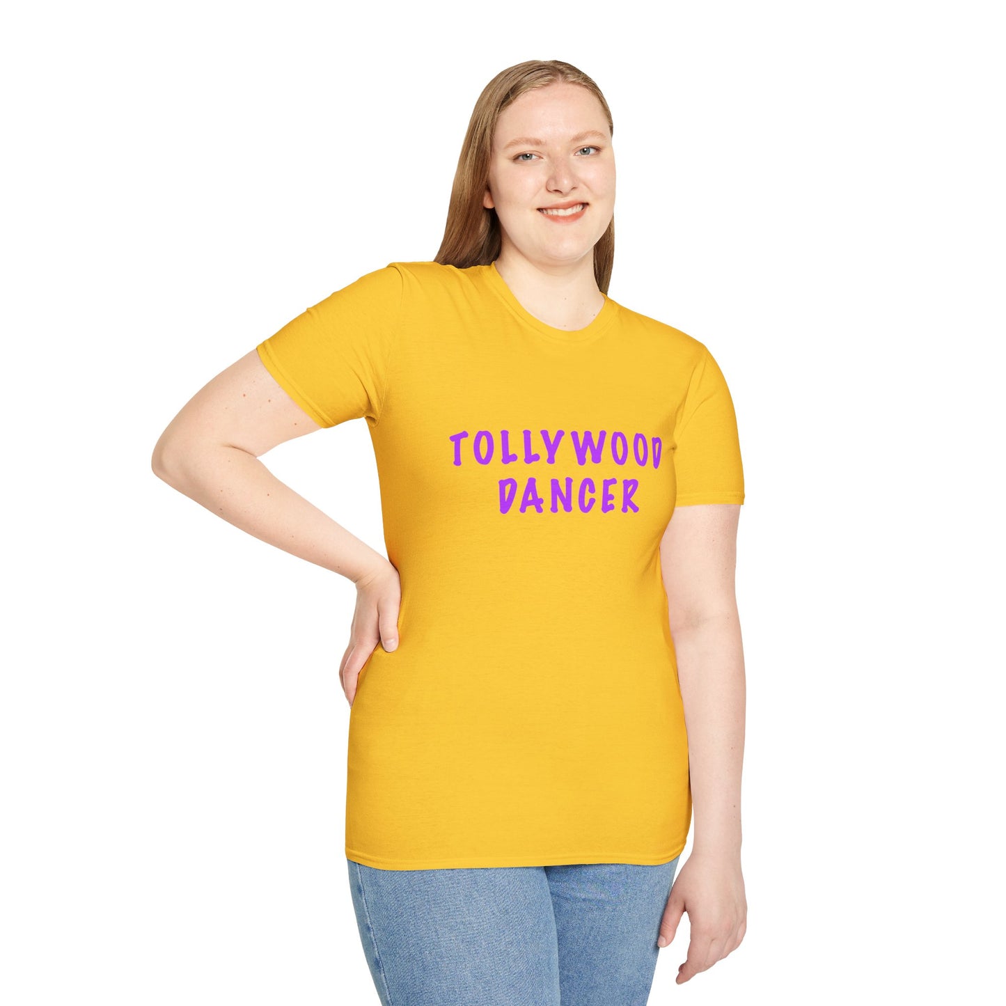 a woman wearing a daisy shirt that says Tollywood dancer