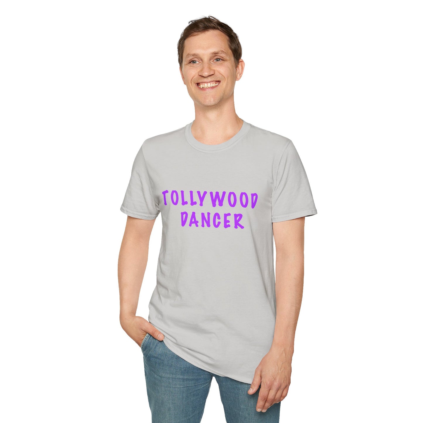 a man wearing a ice grey shirt that says Tollywood dancer