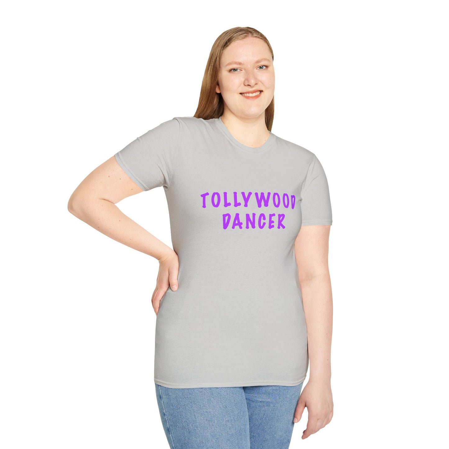 a woman wearing a ice grey shirt that says Tollywood dancer