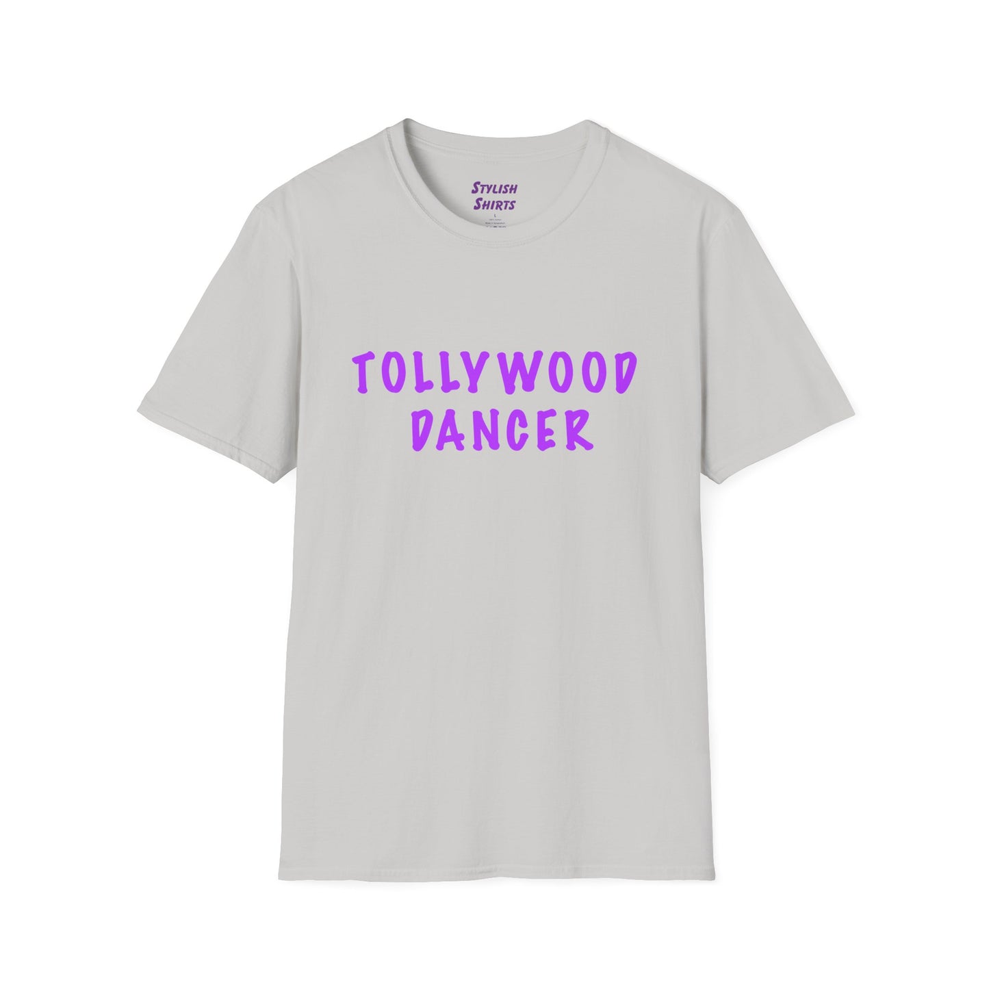 a ice grey shirt that says Tollywood dancer