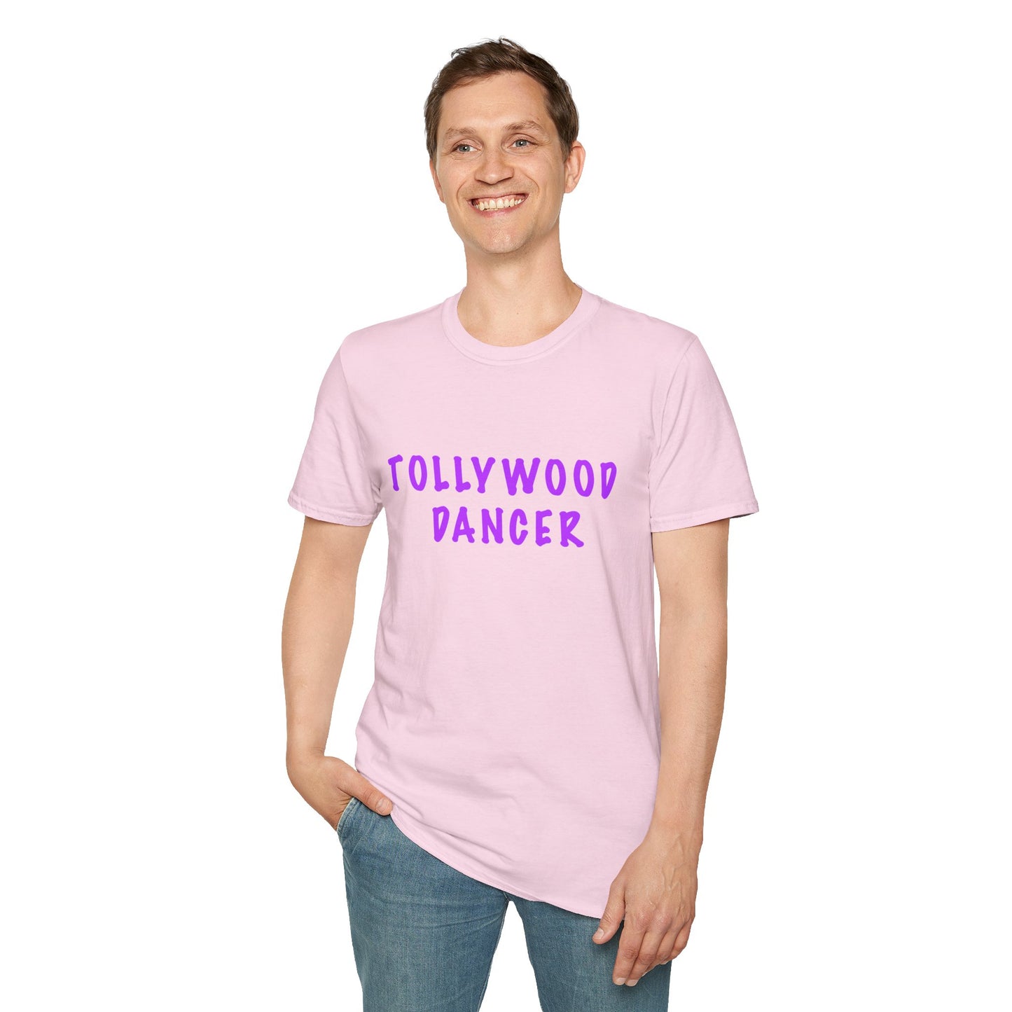 a man wearing a light pink shirt that says Tollywood dancer