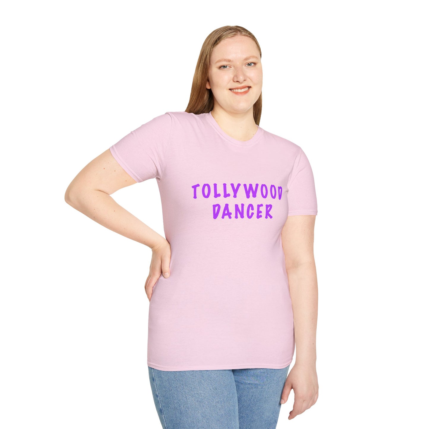 a woman wearing a light pink shirt that says Tollywood dancer