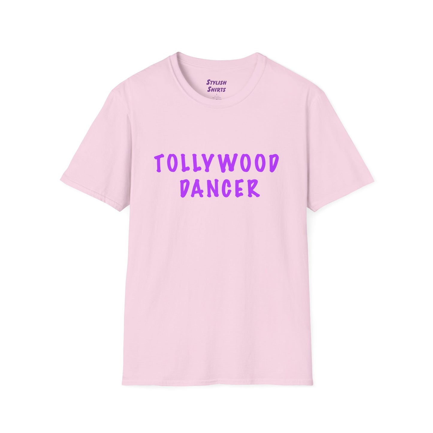 a light pink shirt that says Tollywood dancer