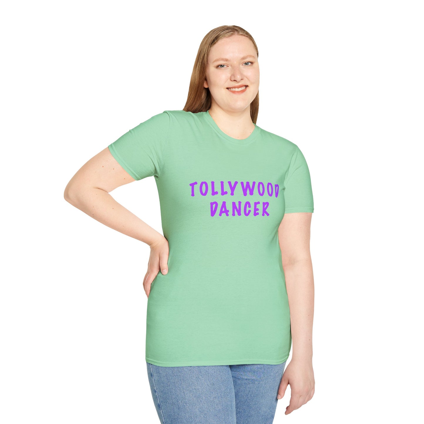 a woman wearing a mint green shirt that says Tollywood dancer