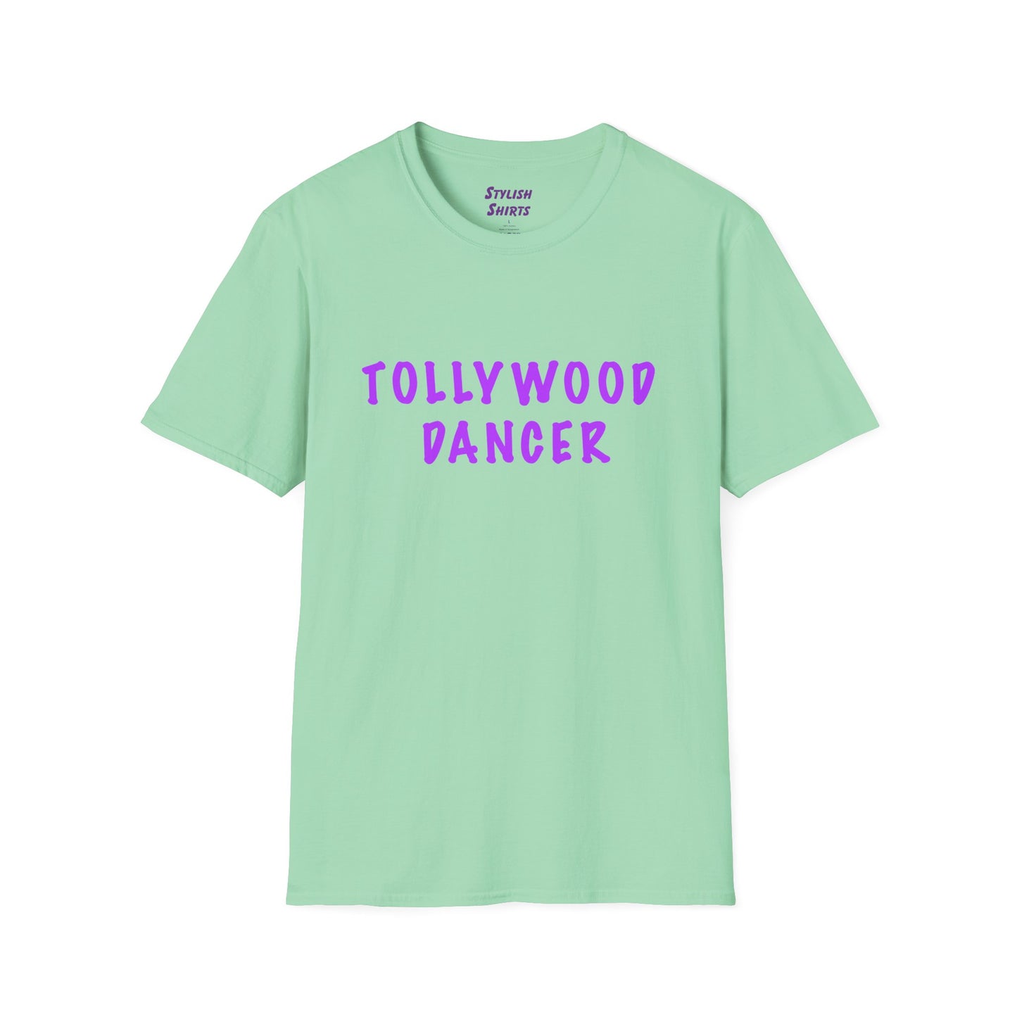 a mint green shirt that says Tollywood dancer