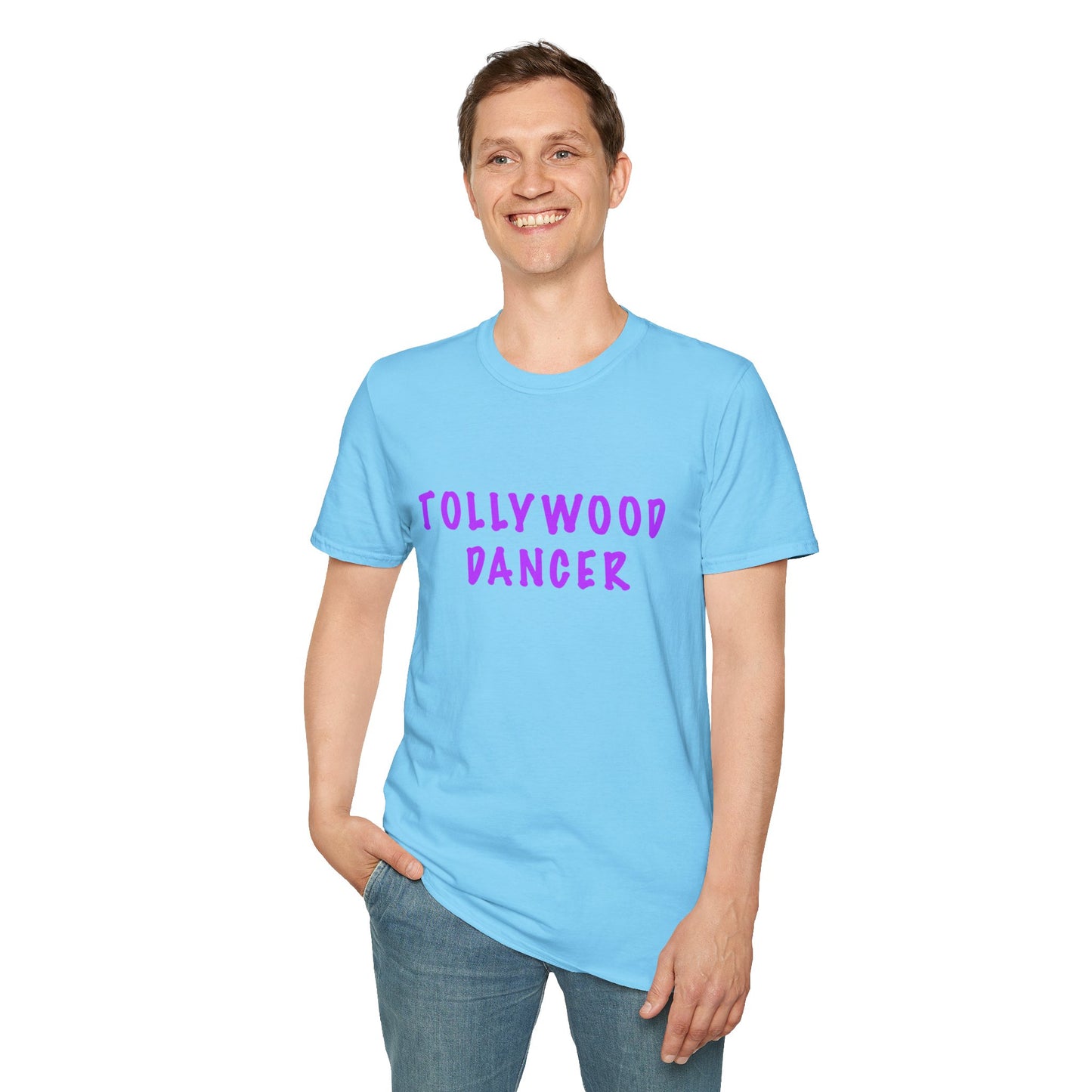 a man wearing a sky shirt that says Tollywood dancer