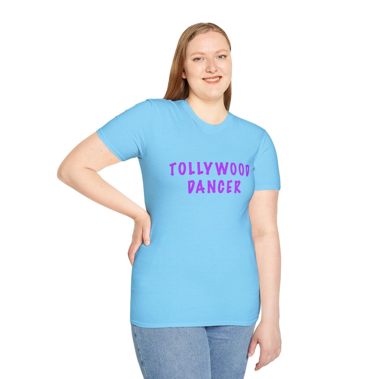 a woman wearing a sky shirt that says Tollywood dancer