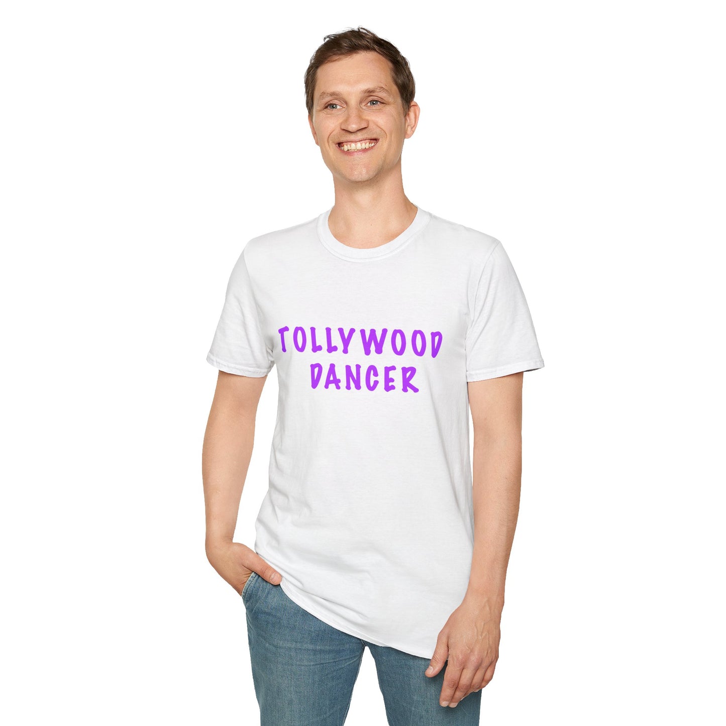 a man wearing a white shirt that says Tollywood dancer