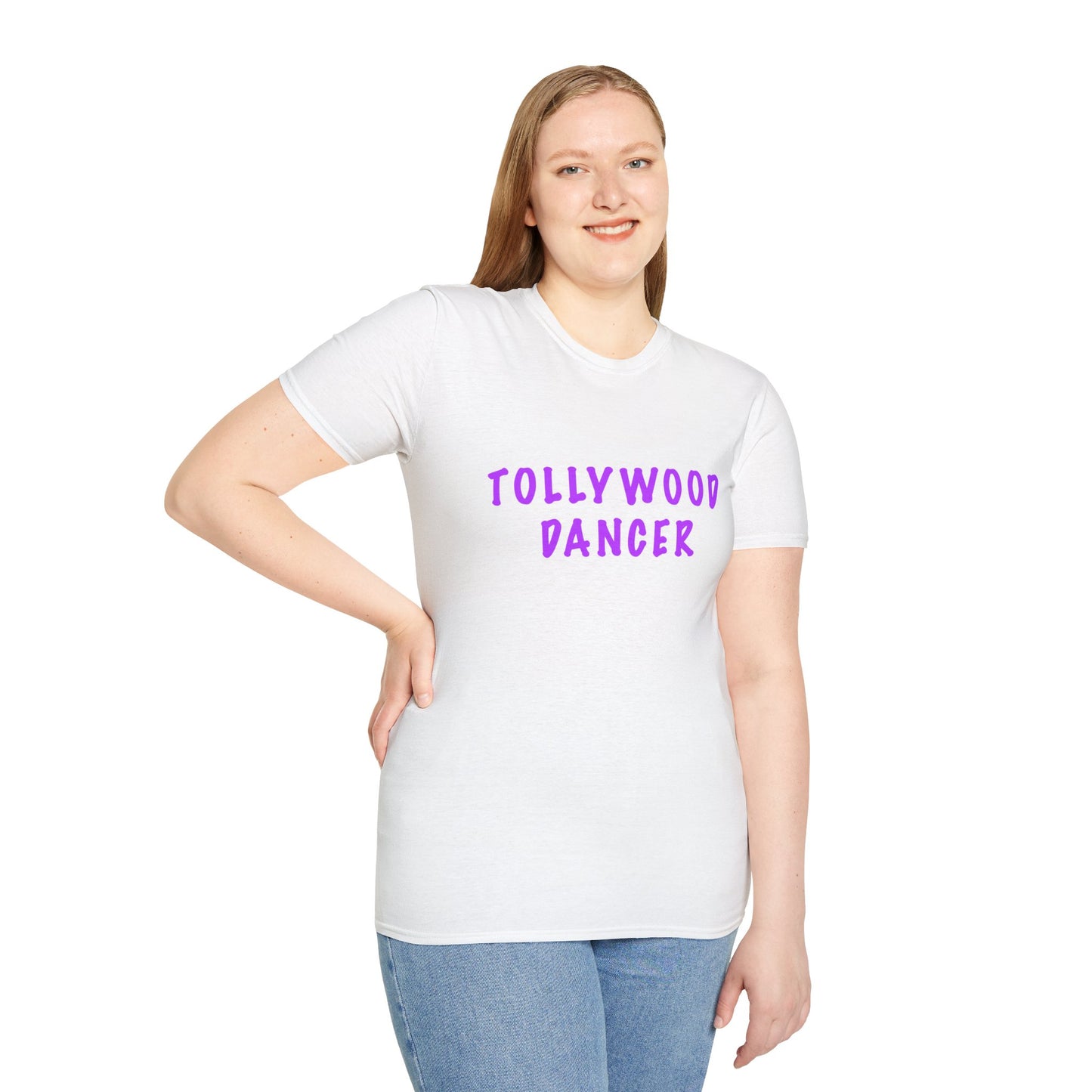 a woman wearing a white shirt that says Tollywood dancer